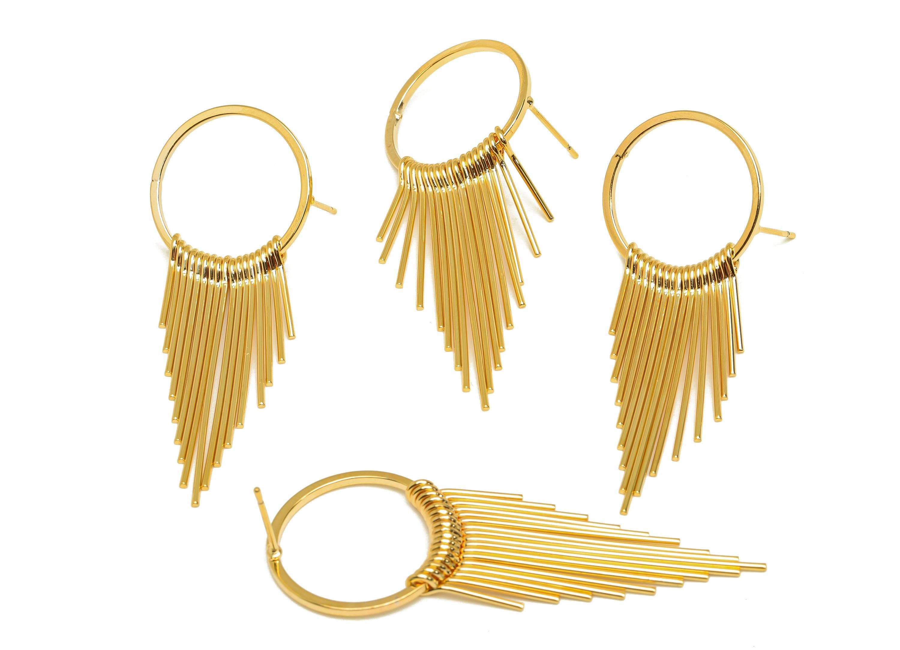 Brass Tassel Earring Stud - Brass Dangle Tassel Wire Earring Post - Wire Tassel Earring Post - 18K Real Gold Plated - 54x20x1.01mm - RGP7311 - DOMEDBAZAAR