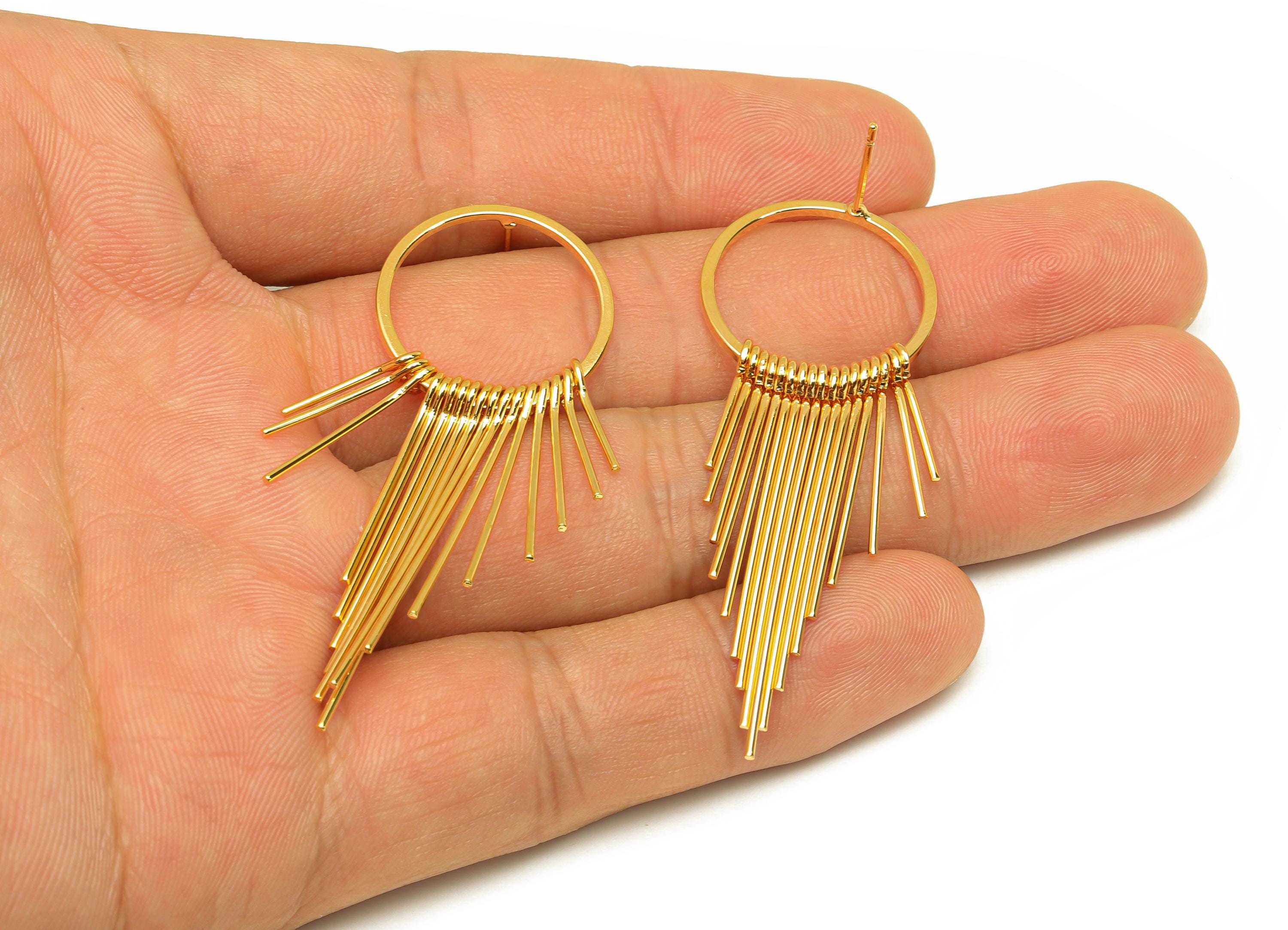 Brass Tassel Earring Stud - Brass Dangle Tassel Wire Earring Post - Wire Tassel Earring Post - 18K Real Gold Plated - 54x20x1.01mm - RGP7311 - DOMEDBAZAAR