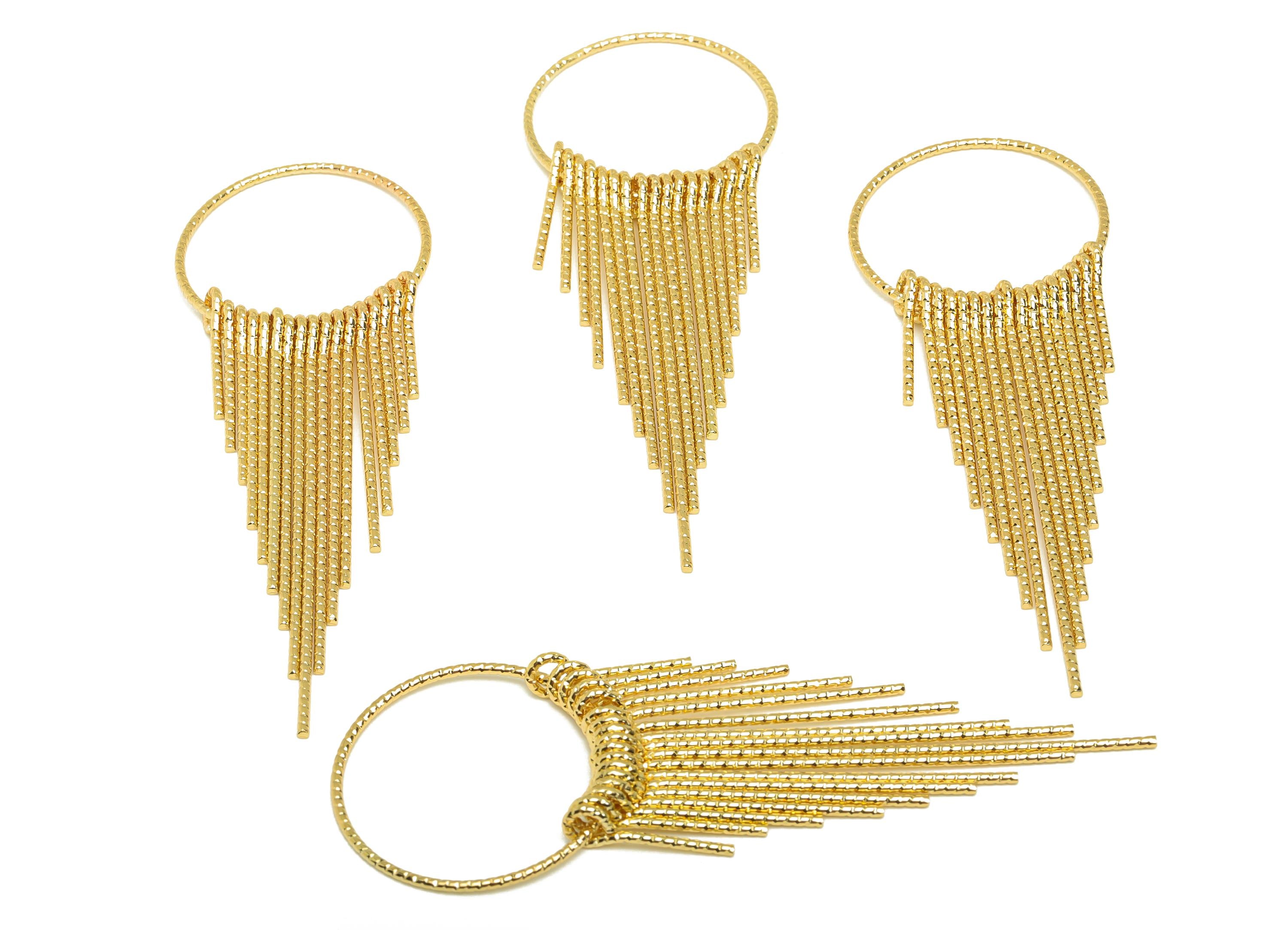 Brass Tassel Earring Charm - Brass Dangle Tassel Wire Earring Charm - Textured Earring Charm - 18K Real Gold Plated - 86x29x1.11mm - RGP7304 - DOMEDBAZAAR