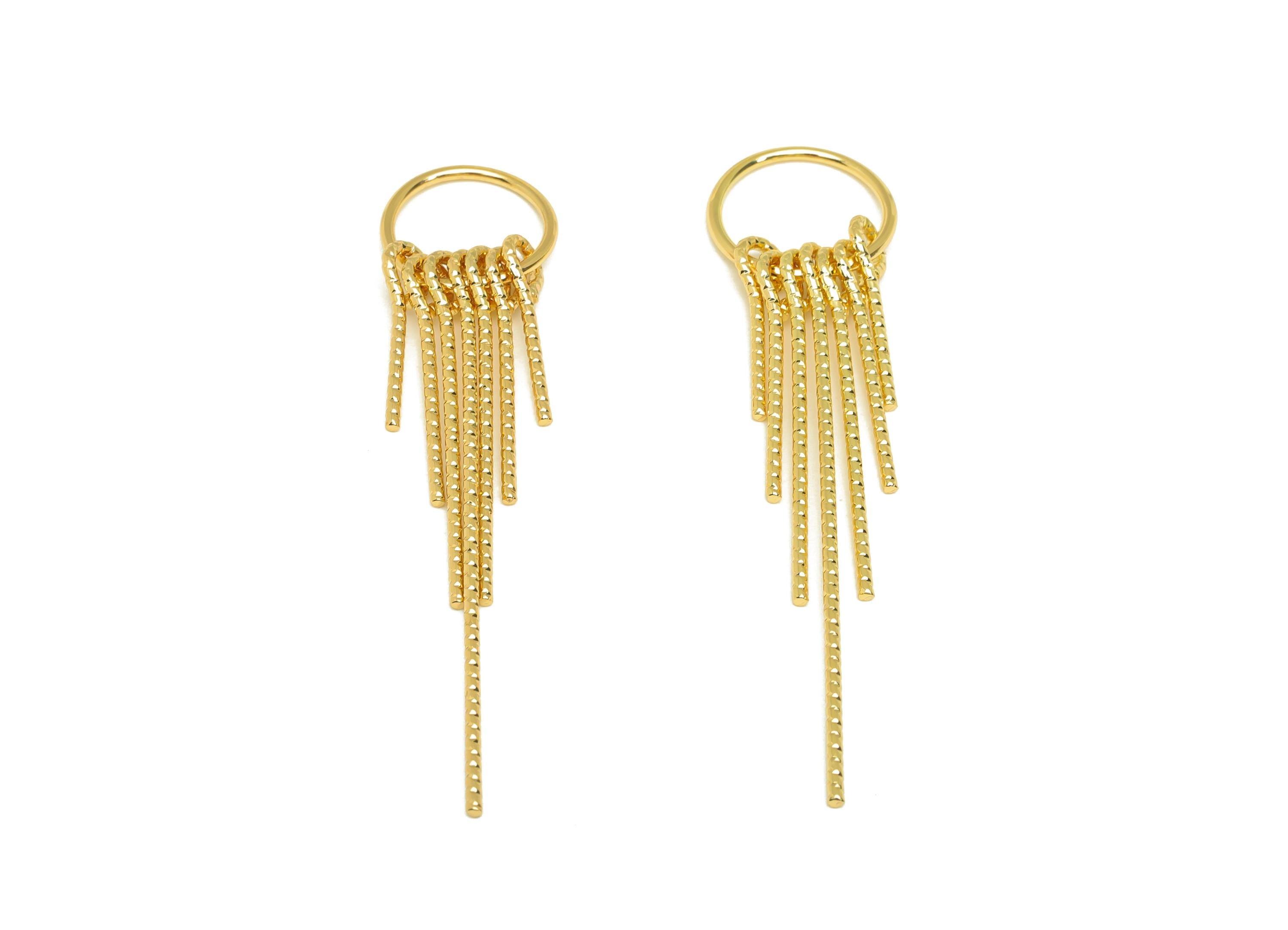 Brass Tassel Earring Charm - Brass Dangle 7 Tassel Wire Earring Charm - Textured Earring Charm - 18K Real Gold Plated - 67x15x1mm - RGP7303 - DOMEDBAZAAR