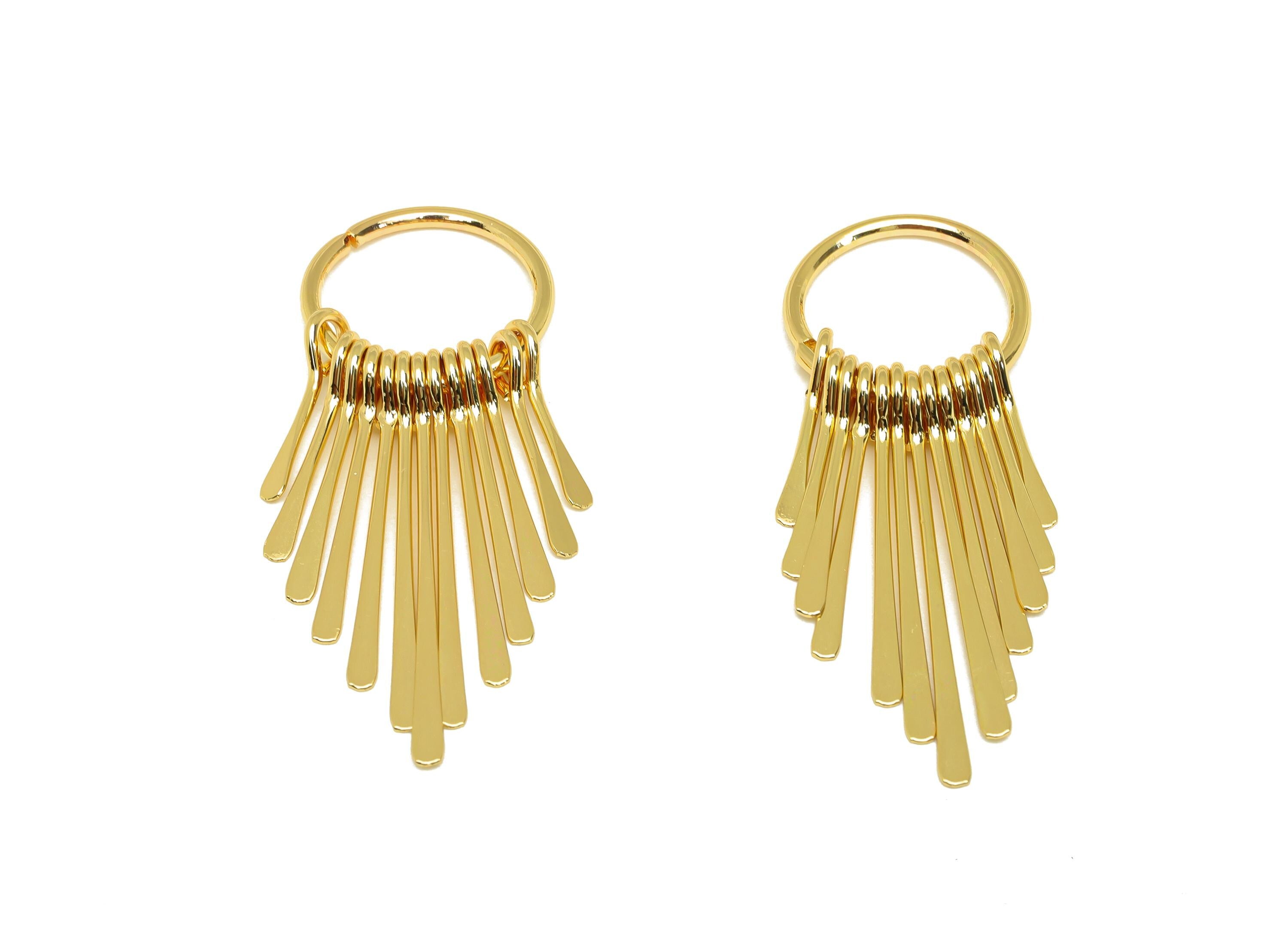 Brass Tassel Earring Charm - Hammered Tassel Wire Earring Charm - 13 Wire Tassel Earring Charm - 18K Real Gold Plated - 48x17x1mm - RGP7306 - DOMEDBAZAAR