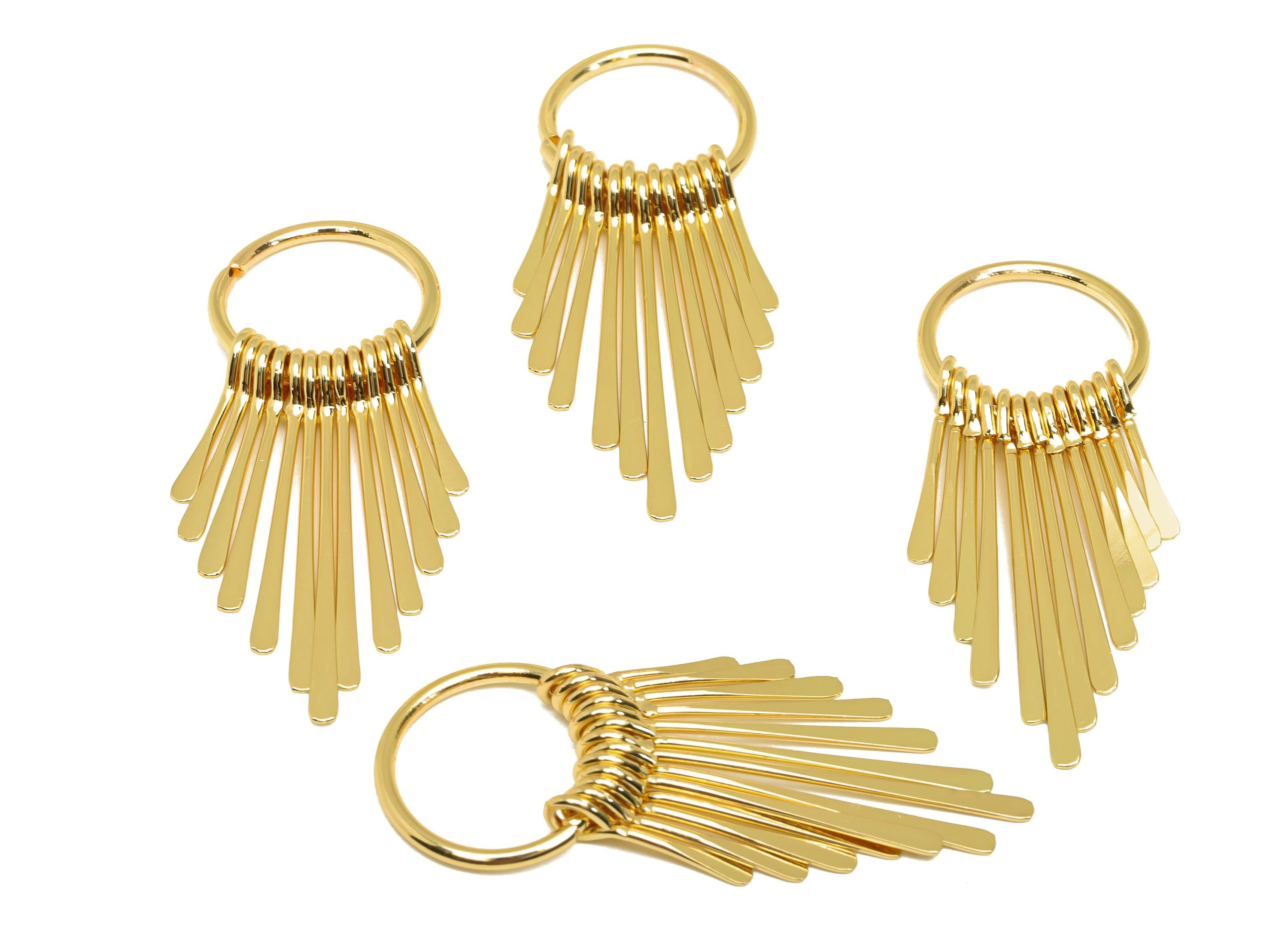 Brass Tassel Earring Charm - Hammered Tassel Wire Earring Charm - 13 Wire Tassel Earring Charm - 18K Real Gold Plated - 48x17x1mm - RGP7306 - DOMEDBAZAAR