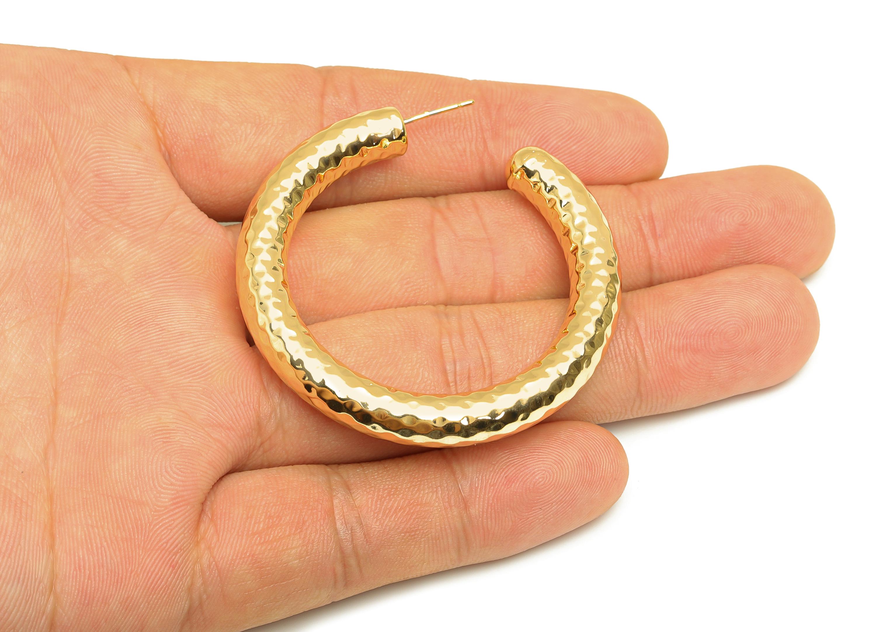 Brass Hoop Earring Stud - Thick Open Hoop Earring Post - Brass Textured Hoop Earring Post - 18K Real Gold Plating - 40x40x8mm - RGP7903 - DOMEDBAZAAR