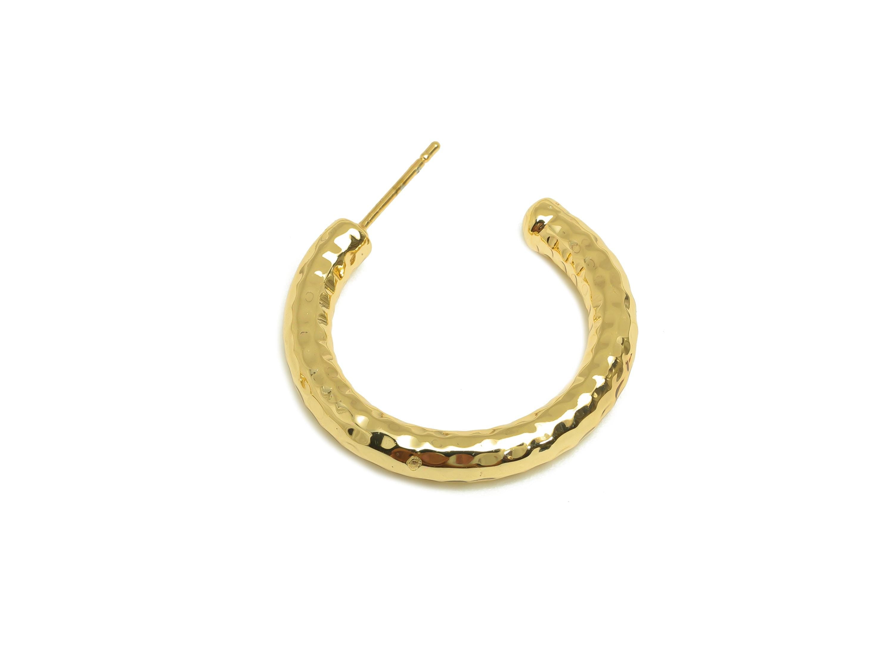 Brass Hoop Earring Stud - Thick Open Hoop Earring Post - Brass Textured Hoop Earring Post - 18K Real Gold Plating - 30x27x3.94mm - RGP7901 - DOMEDBAZAAR