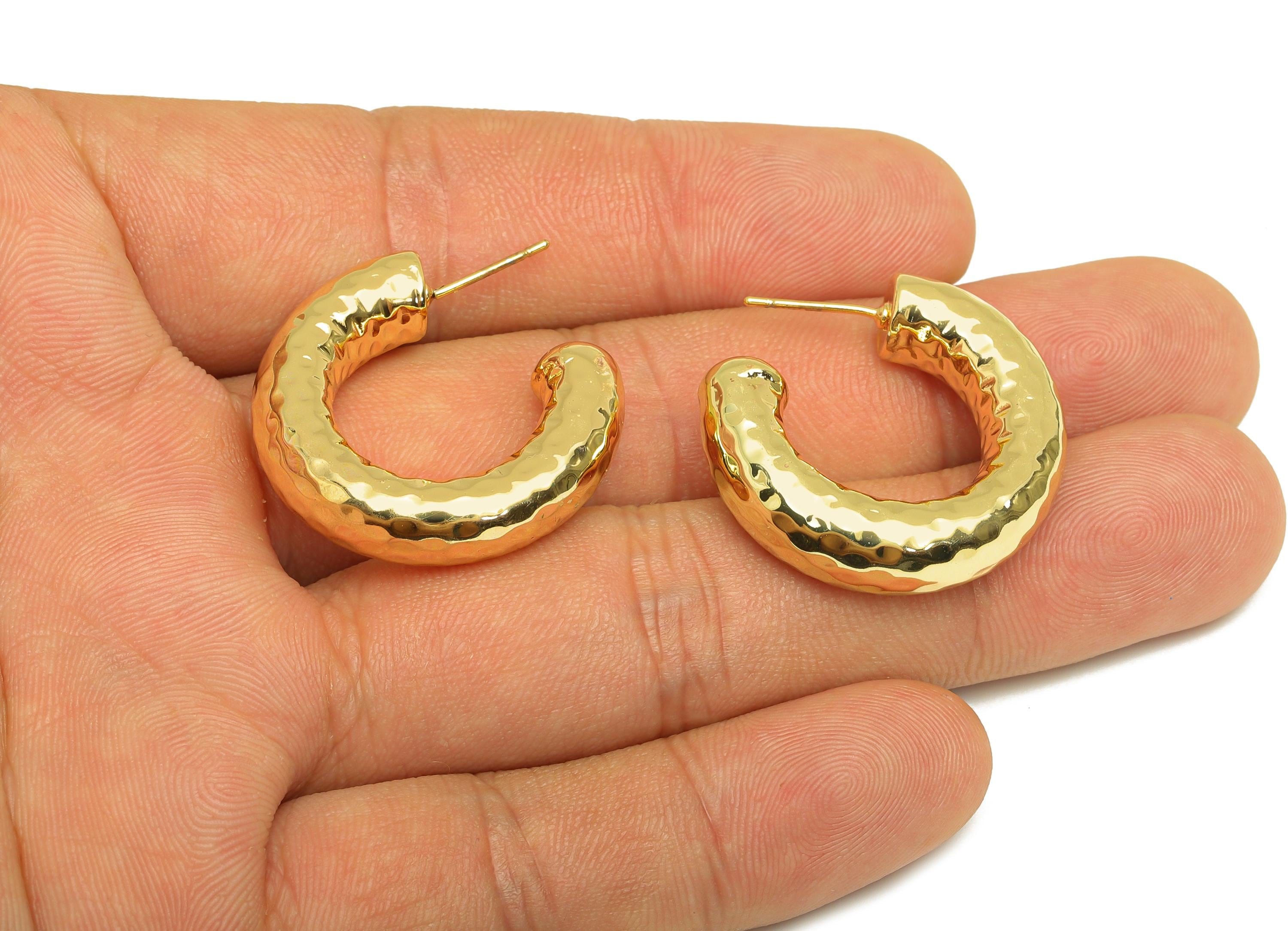 Brass Hoop Earring Stud - Thick Open Hoop Earring Post - Brass Textured Hoop Earring Post - 18K Real Gold Plating - 30x28x7.1mm - RGP7902 - DOMEDBAZAAR