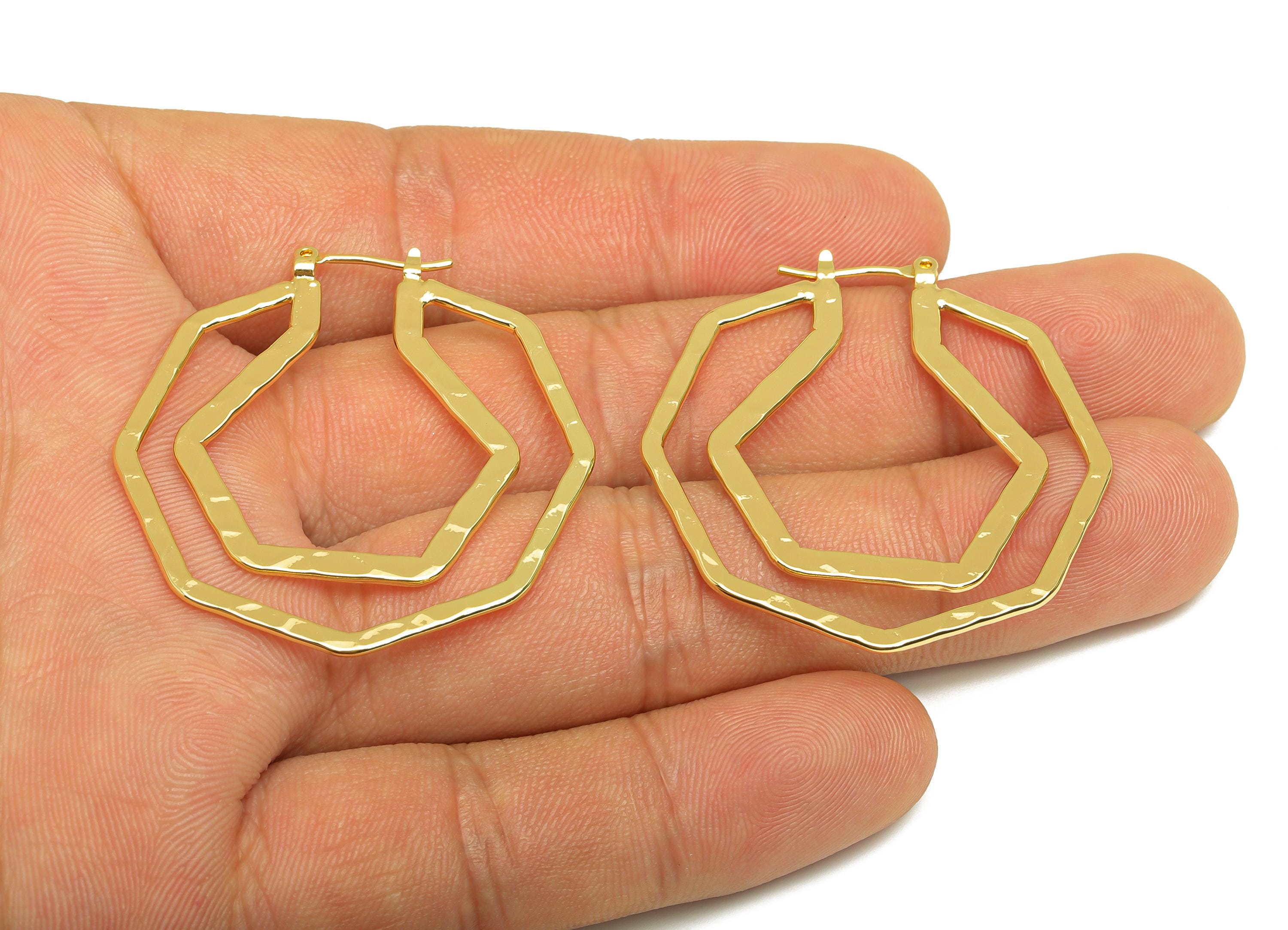 Brass Octagon Hoop Earring - Brass Hinged Back Earring - Hammered Hinged Pentagon Earring - 18K Real Gold Plating - 39x38x0.99mm - RGP7911 - DOMEDBAZAAR