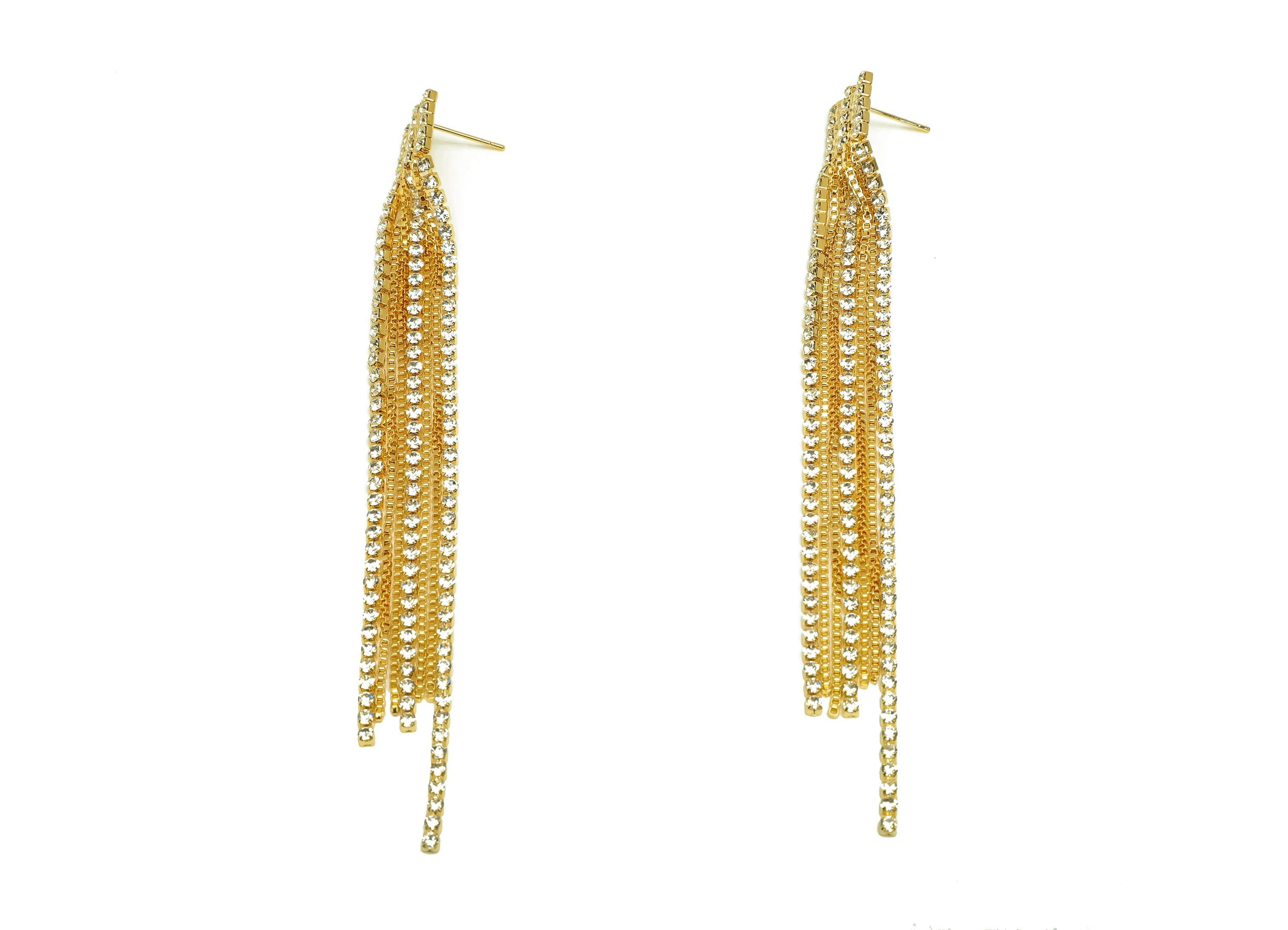 Brass CZ Earring Tassel Stud - Brass Tassel Earring - Brass Box Chain Zircon Earring Post - 18K Real Gold Plating - 119x11x2mm - RGP7544 - DOMEDBAZAAR