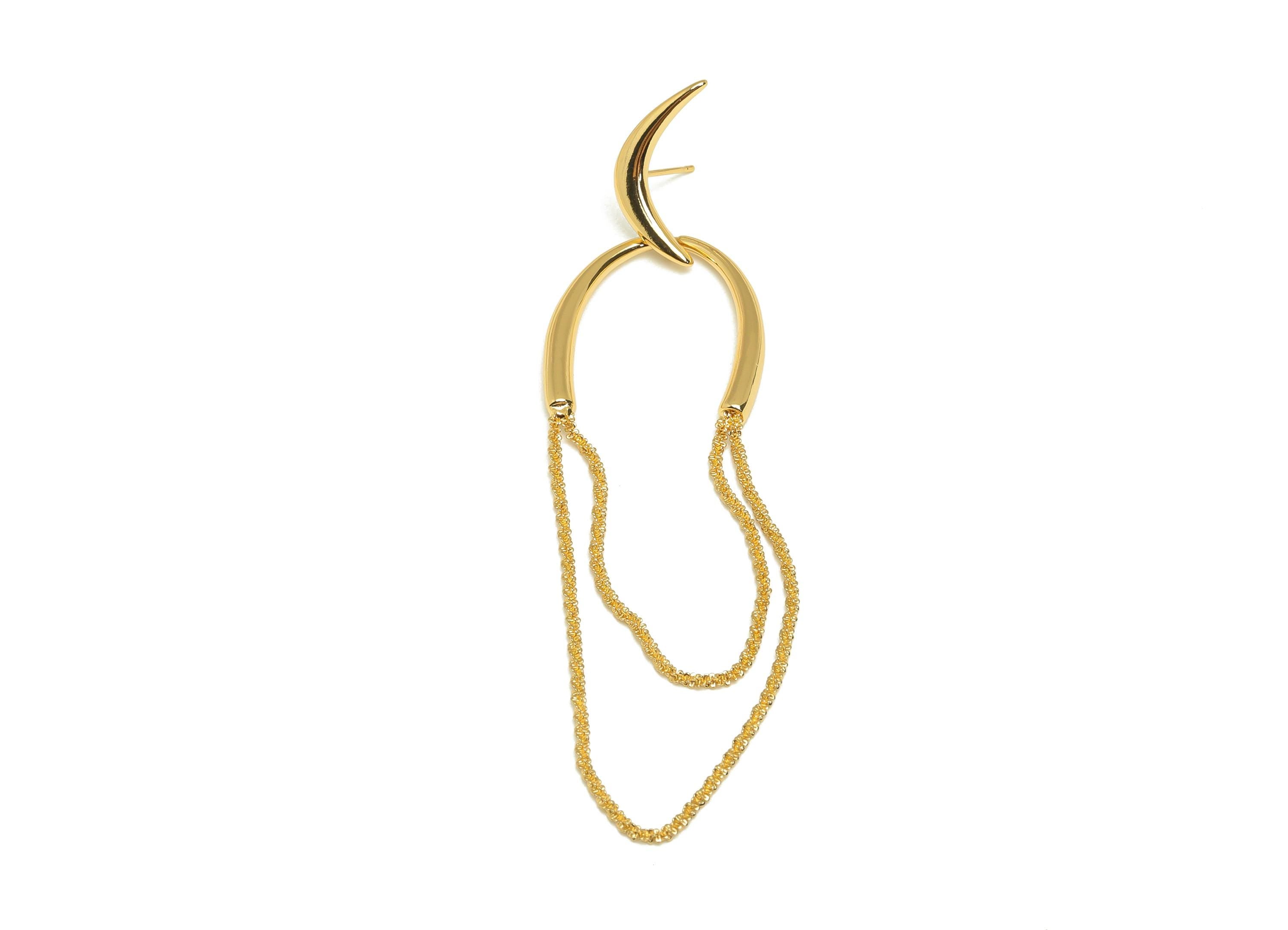 Brass Moon Tassel Earring Stud - Gold Horn Tassel Earring Post - Tassel Chain Earring Post - 18K Real Gold Plated - 78x26x3.3mm - RGP7601 - DOMEDBAZAAR
