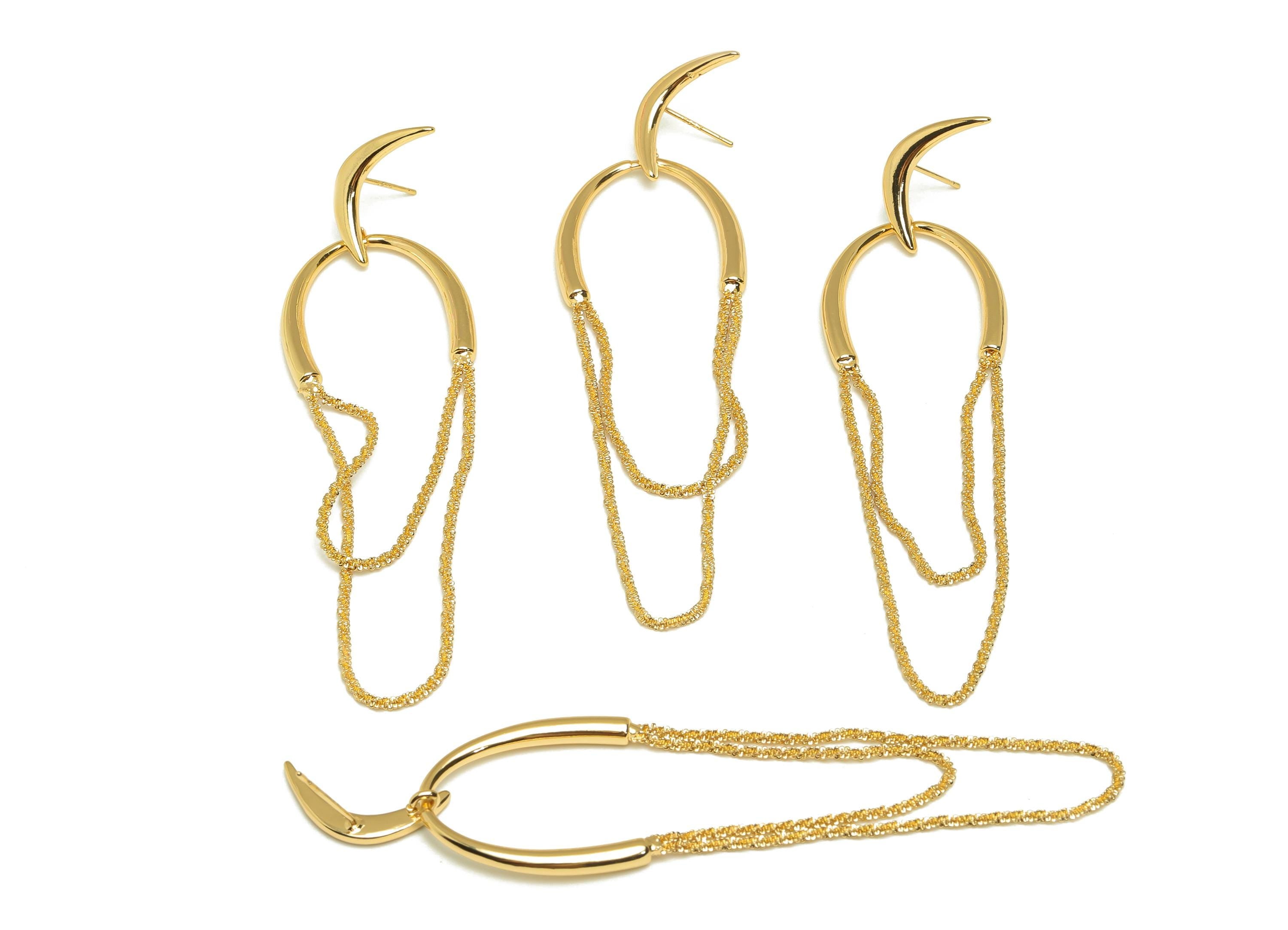 Brass Moon Tassel Earring Stud - Gold Horn Tassel Earring Post - Tassel Chain Earring Post - 18K Real Gold Plated - 78x26x3.3mm - RGP7601 - DOMEDBAZAAR