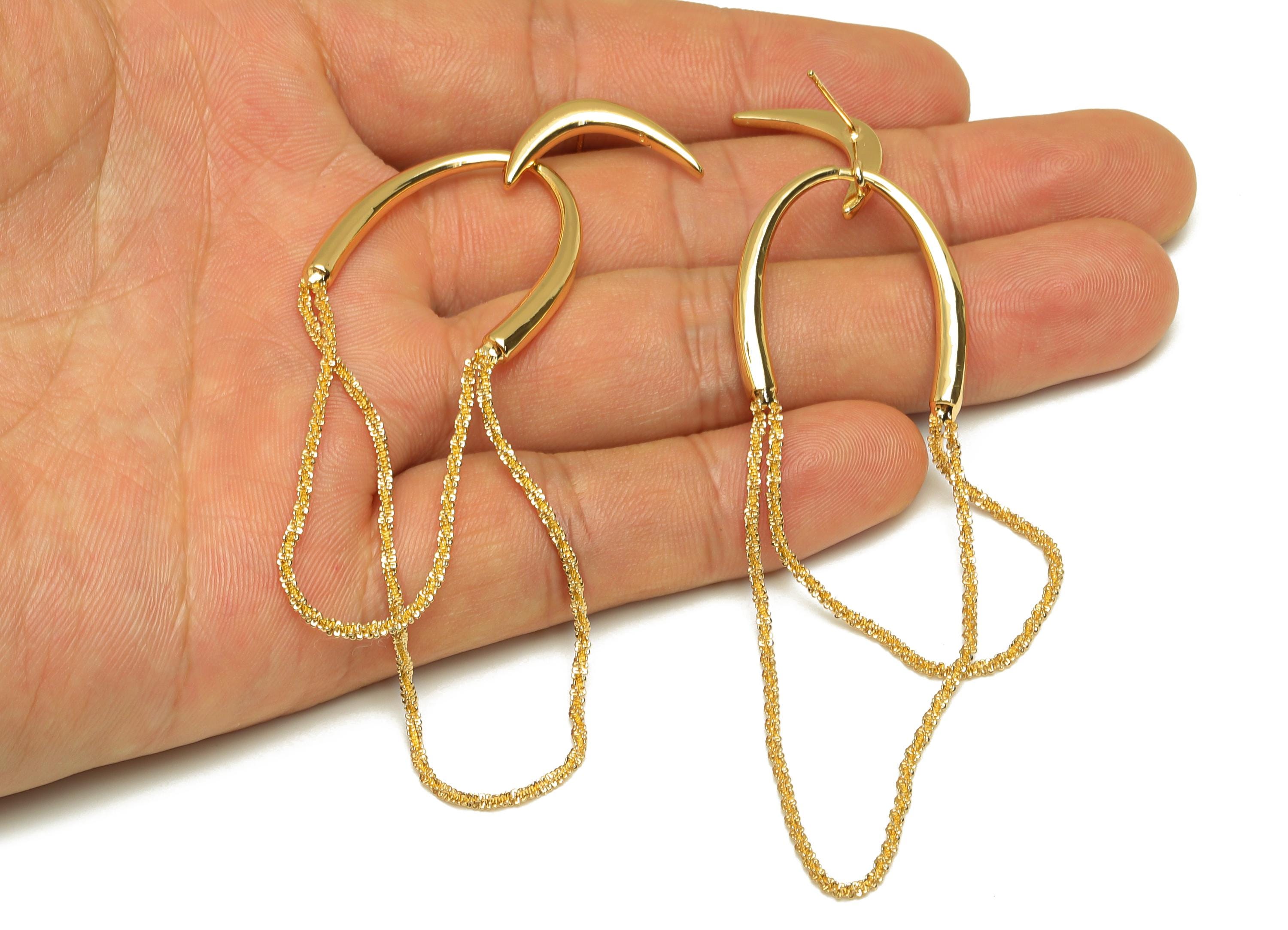 Brass Moon Tassel Earring Stud - Gold Horn Tassel Earring Post - Tassel Chain Earring Post - 18K Real Gold Plated - 78x26x3.3mm - RGP7601 - DOMEDBAZAAR
