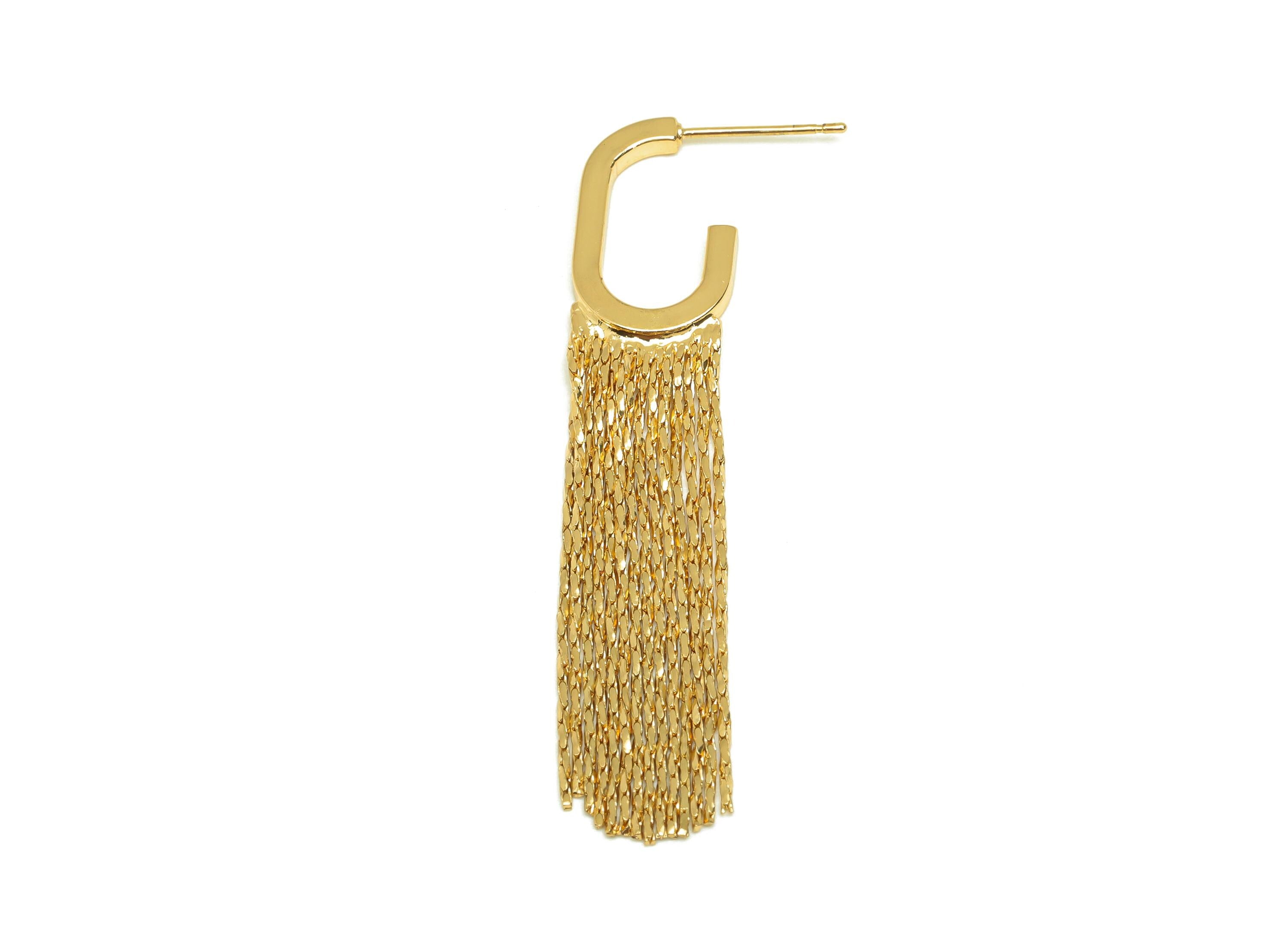 Brass Tassel Earring Stud - Open Rectangle Snake Chian Earring Post - Gold Tassel Chian Ear - 18K Real Gold Plated -57.8x11.2x2.06mm-RGP7602 - DOMEDBAZAAR