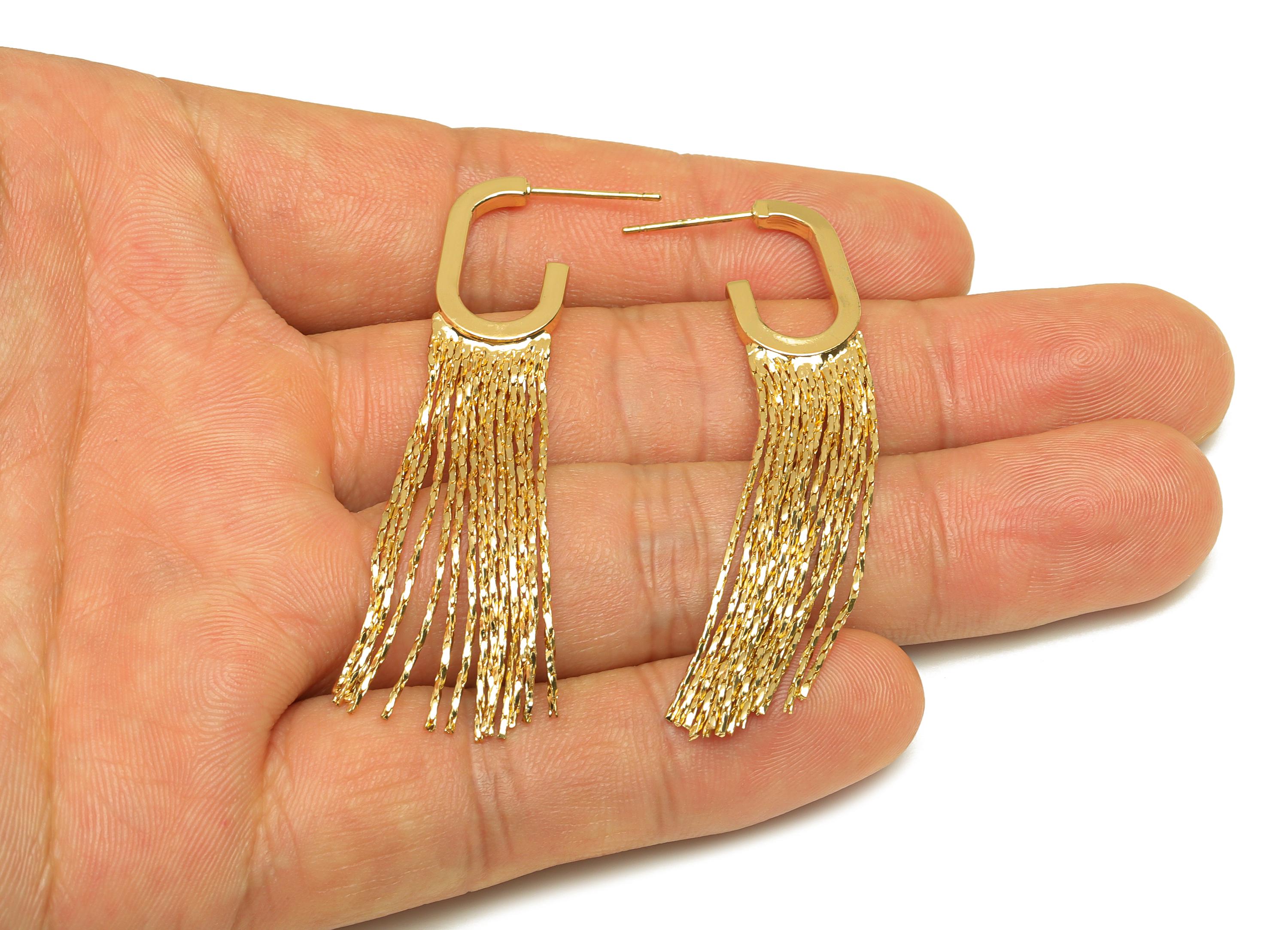 Brass Tassel Earring Stud - Open Rectangle Snake Chian Earring Post - Gold Tassel Chian Ear - 18K Real Gold Plated -57.8x11.2x2.06mm-RGP7602 - DOMEDBAZAAR