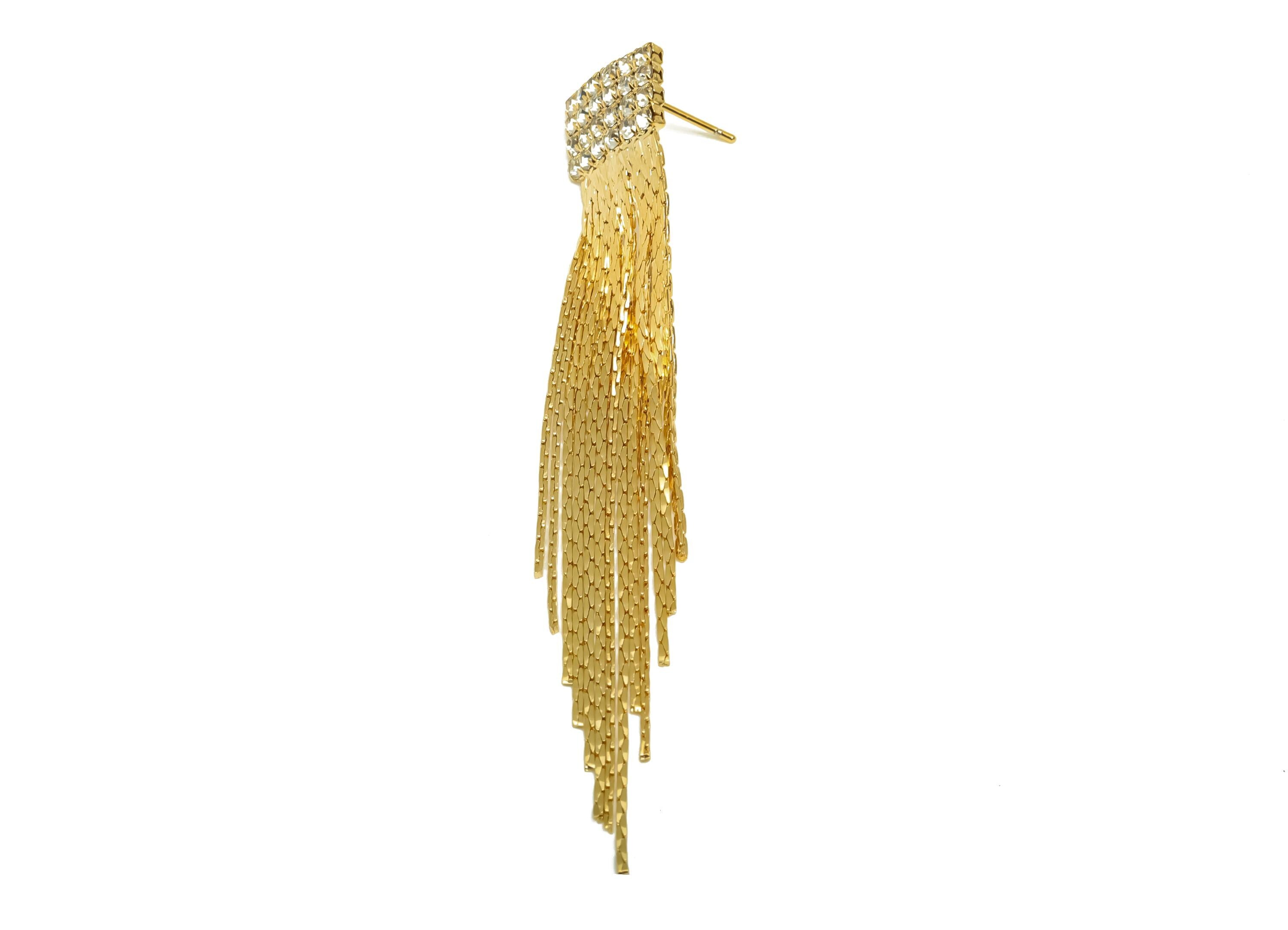 Brass CZ Earring Tassel Stud - Brass Rectangle Tassel Earring - Brass Chain Zircon Earring Post - 18K Real Gold Plating - 74x13x2mm -RGP7567 - DOMEDBAZAAR