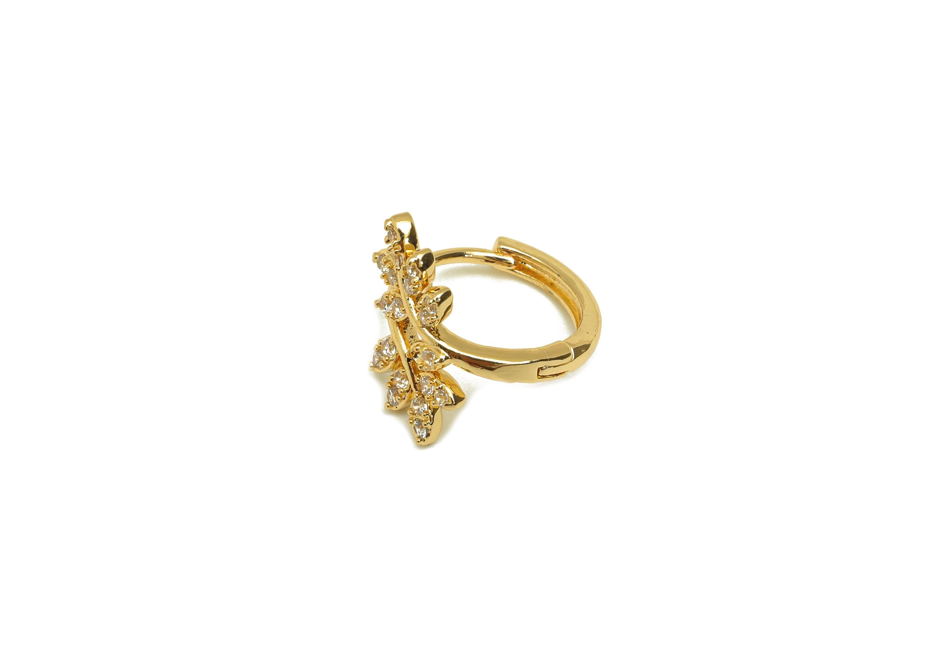 Brass Branch Hoop Earring - Gold Zircon Leaf Huggie Hoop Earring - CZ Leaves Hoop Earrings - 18K Real Gold Plating - 16x15x2.2mm - RGP7603 - DOMEDBAZAAR