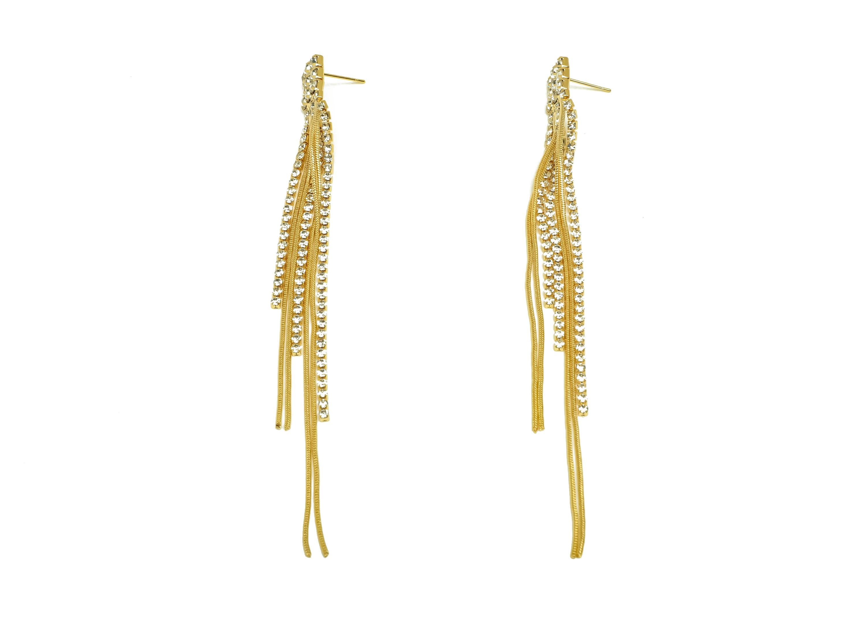 Brass CZ Earring Tassel Stud - Brass Rectangle Tassel Earring - Snake Chain Zircon Earring Post - 18K Real Gold Plating - 126x9x3mm -RGP7541 - DOMEDBAZAAR