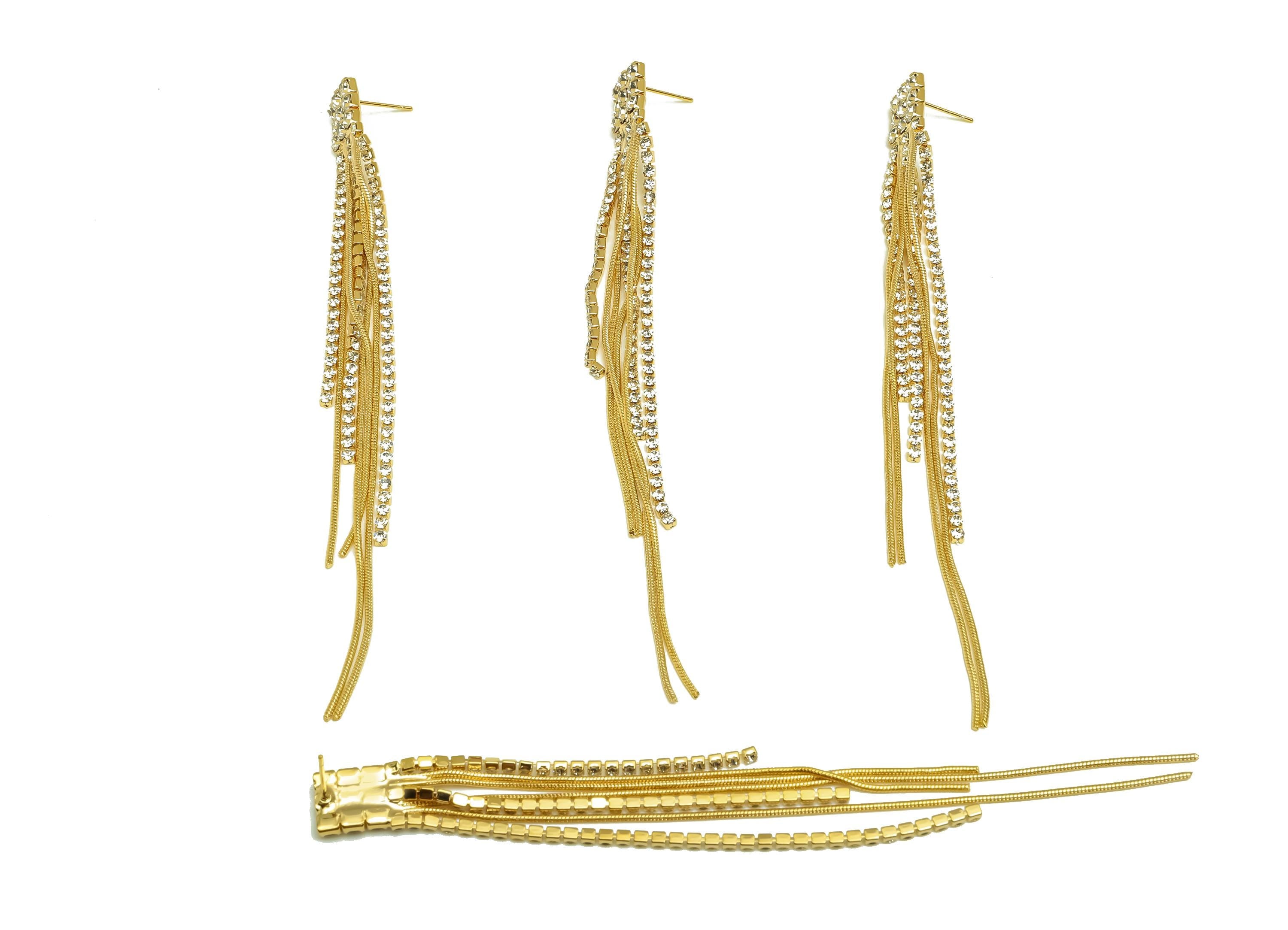 Brass CZ Earring Tassel Stud - Brass Rectangle Tassel Earring - Snake Chain Zircon Earring Post - 18K Real Gold Plating - 126x9x3mm -RGP7541 - DOMEDBAZAAR