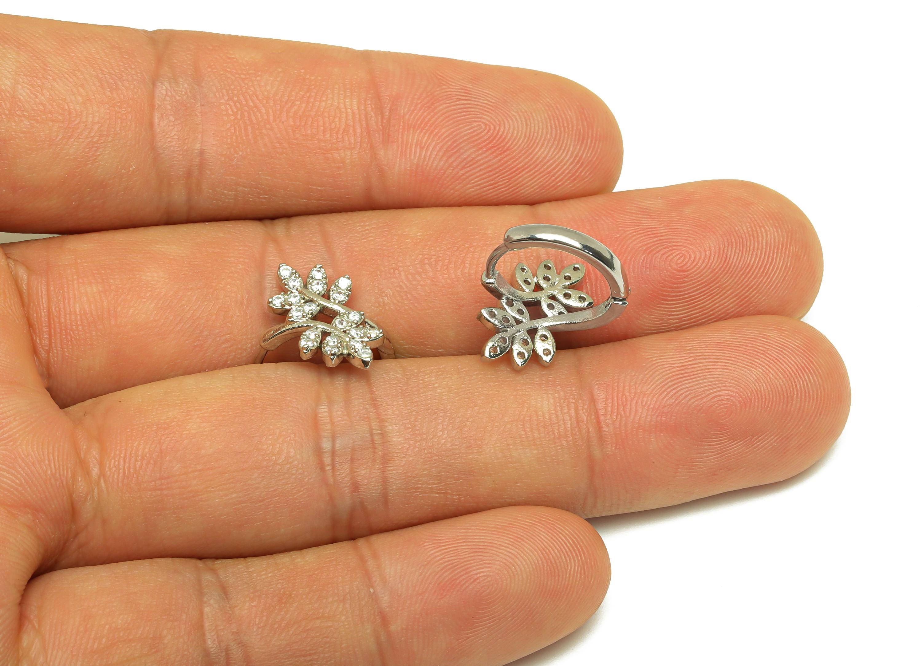 Brass Branch Hoop Earring - White Zircon Leaf Huggie Hoop Ear - CZ Leaves Hoop Earring - 18K Real White Gold Plating - 16x15x2.2mm - RGP7604 - DOMEDBAZAAR