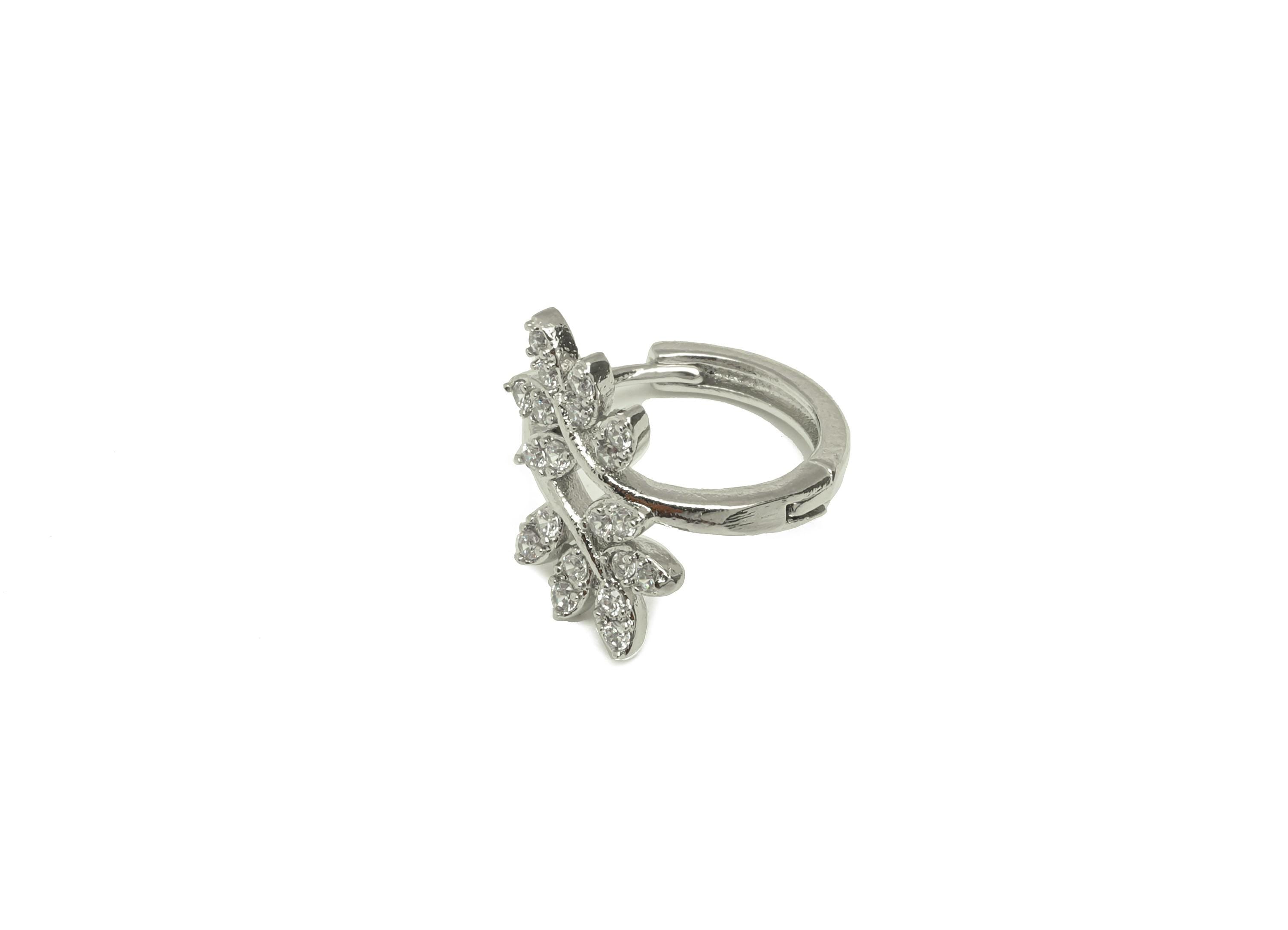 Brass Branch Hoop Earring - White Zircon Leaf Huggie Hoop Ear - CZ Leaves Hoop Earring - 18K Real White Gold Plating - 16x15x2.2mm - RGP7604 - DOMEDBAZAAR