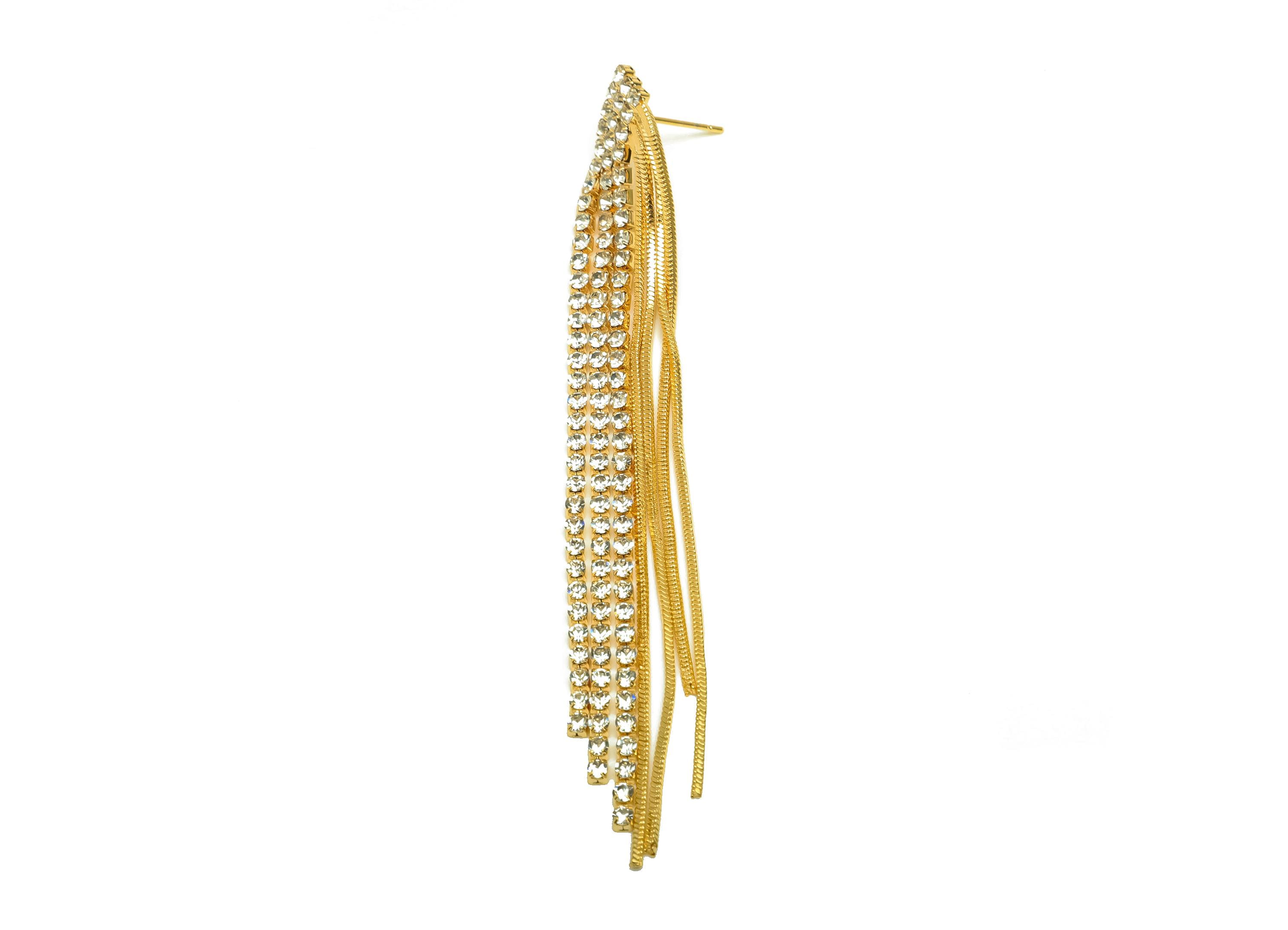 Brass CZ Earring Tassel Stud - Brass Tassel Earring - Brass Snake Chain Zircon Earring Post - 18K Real Gold Plating - 91.64x12x2mm - RGP7547 - DOMEDBAZAAR