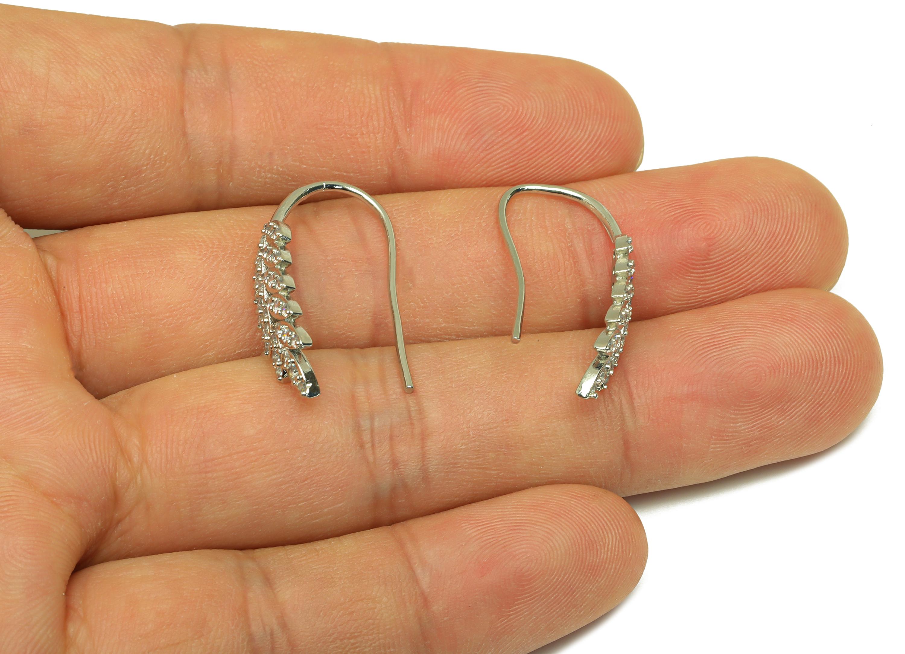 Brass Wheat Earring Wire - White Zircon Leaves Hoop Ear Wire - CZ Wheat Earring Wire - 18K Real White Gold Plated - 26.36x7.7x2.3mm- RGP7605 - DOMEDBAZAAR