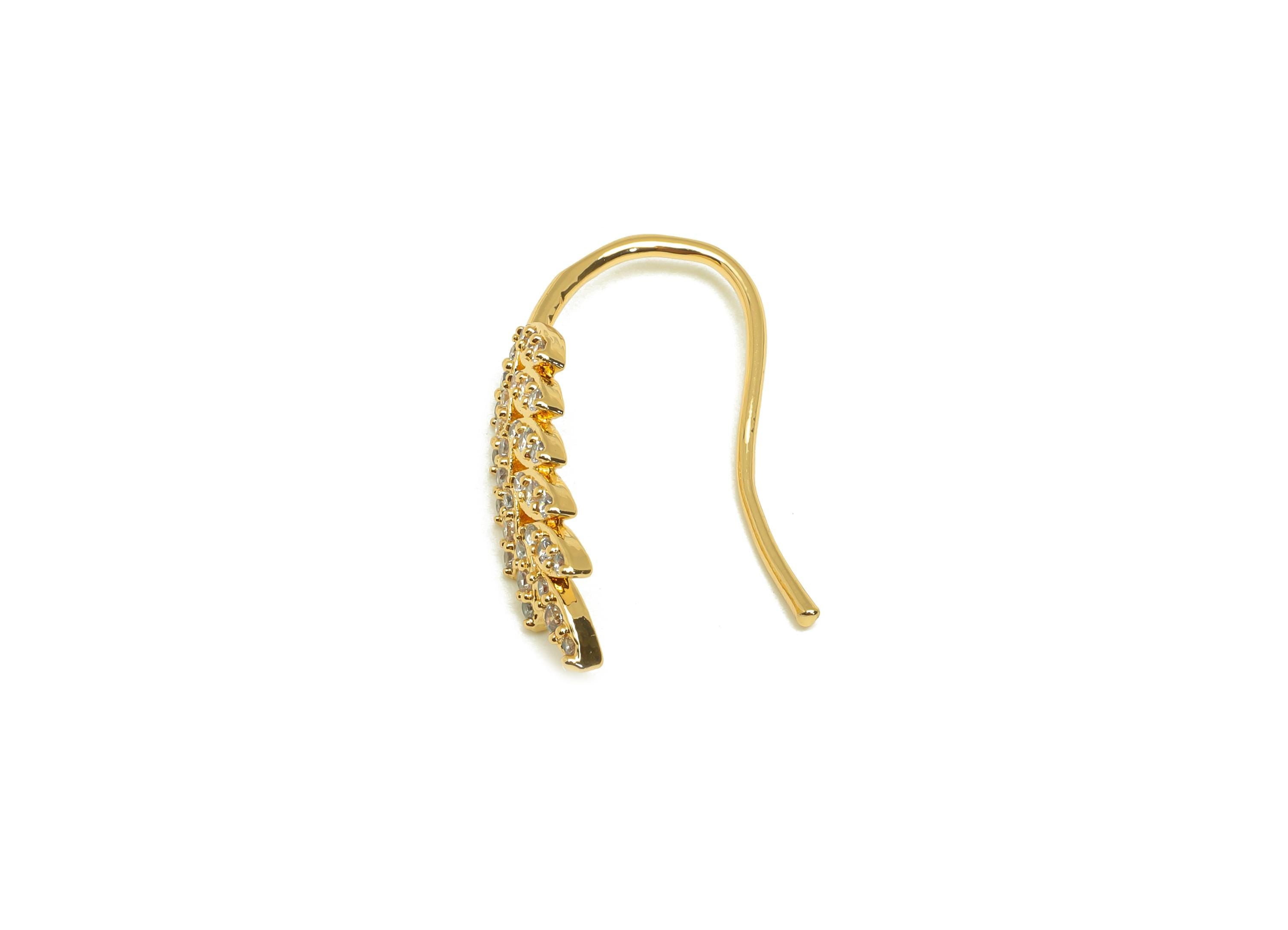 Brass Wheat Earring Wire - Gold Zircon Leaves Hoop Earring Wire - CZ Wheat Earring Wire - 18K Real Gold Plating - 26.37x7.7x2.34mm - RGP7606 - DOMEDBAZAAR