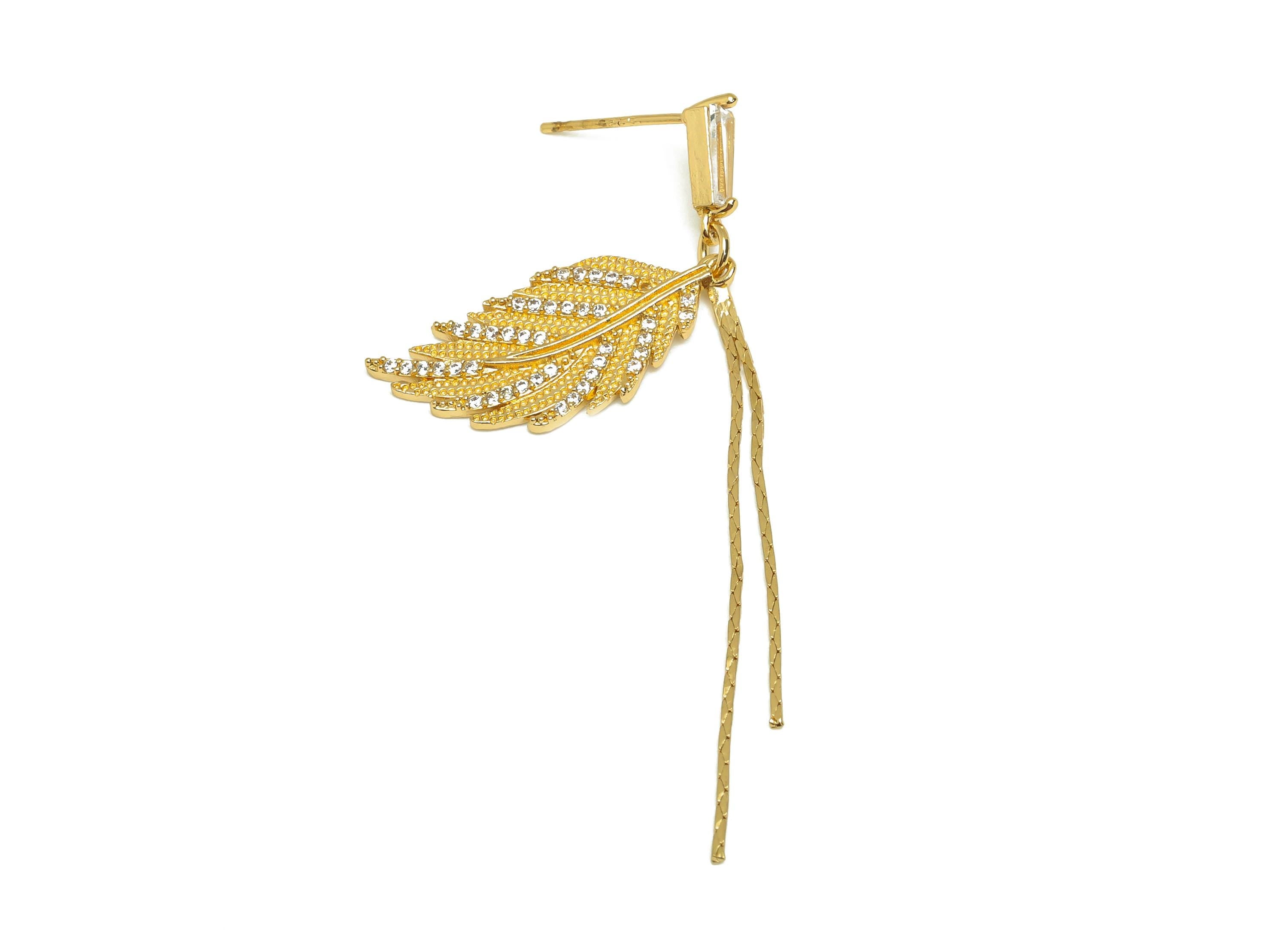 Brass Leaf Dangle Earring - CZ Feather Snake Chian Earring Post - Gold Leaves Dangle Ear - 18K Real Gold Plated -45.3x11.84x1.89mm - RGP7607 - DOMEDBAZAAR