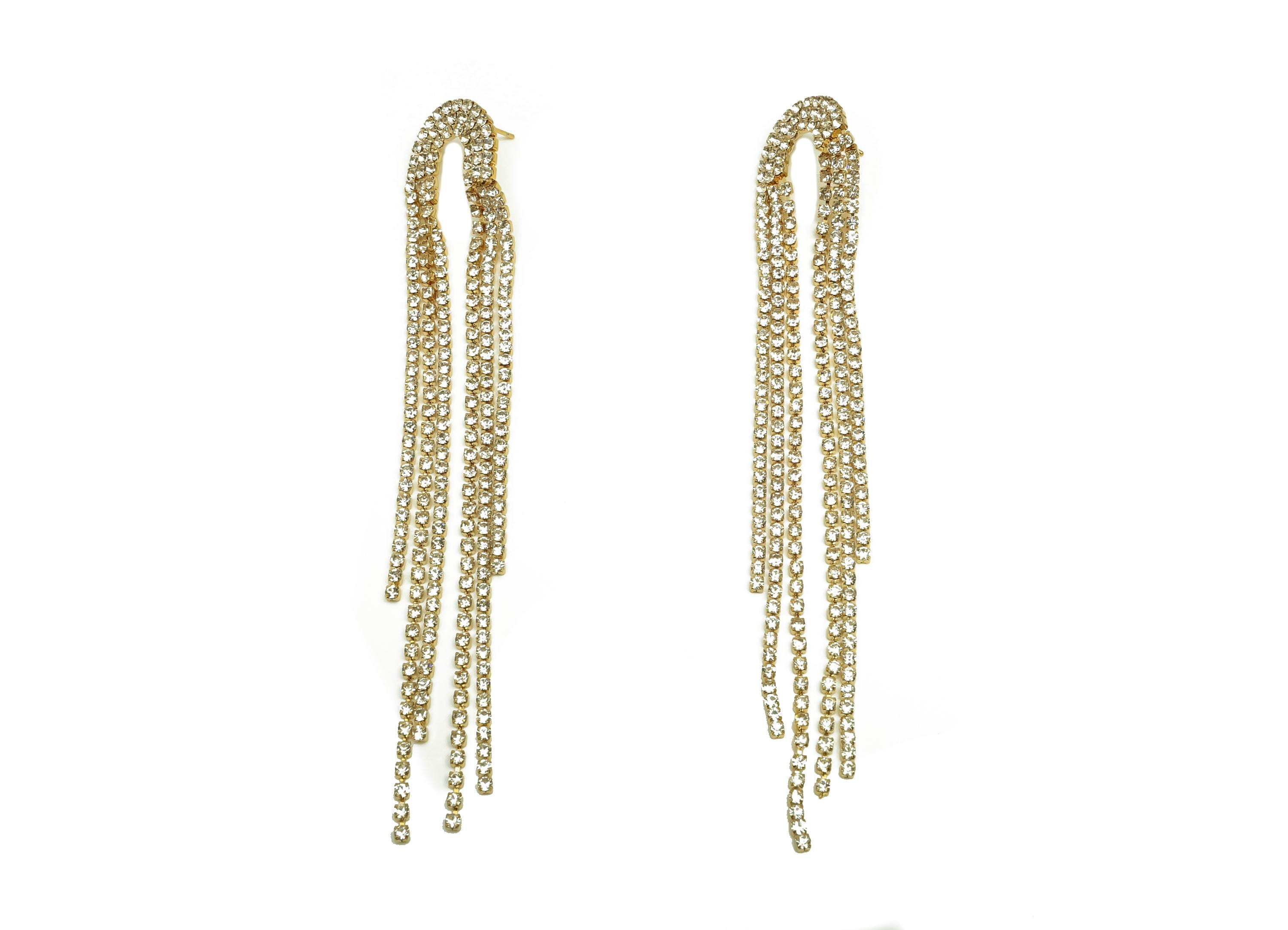 Brass CZ Earring Tassel Stud - Brass Bridge Tassel Earring - Cubic Zircon Earring Post - 18K Real Gold Plating - 121.48x20x2.14mm - RGP7558 - DOMEDBAZAAR