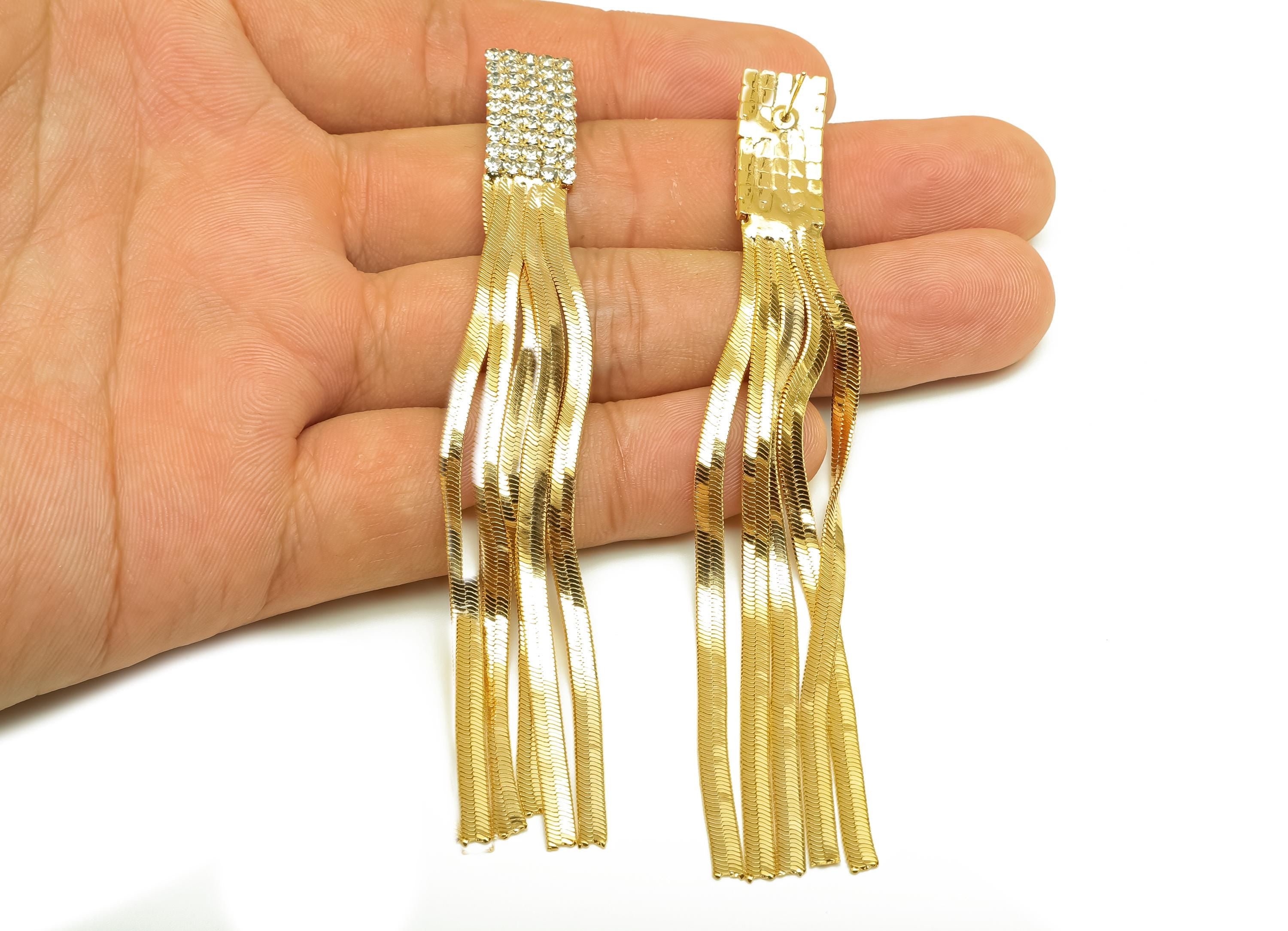 Brass CZ Earring Tassel Stud - Brass Tassel Rectangle Earring - Snake Chain Zircon Earring Post - 18K Real Gold Plating - 97x10x2mm- RGP7539 - DOMEDBAZAAR