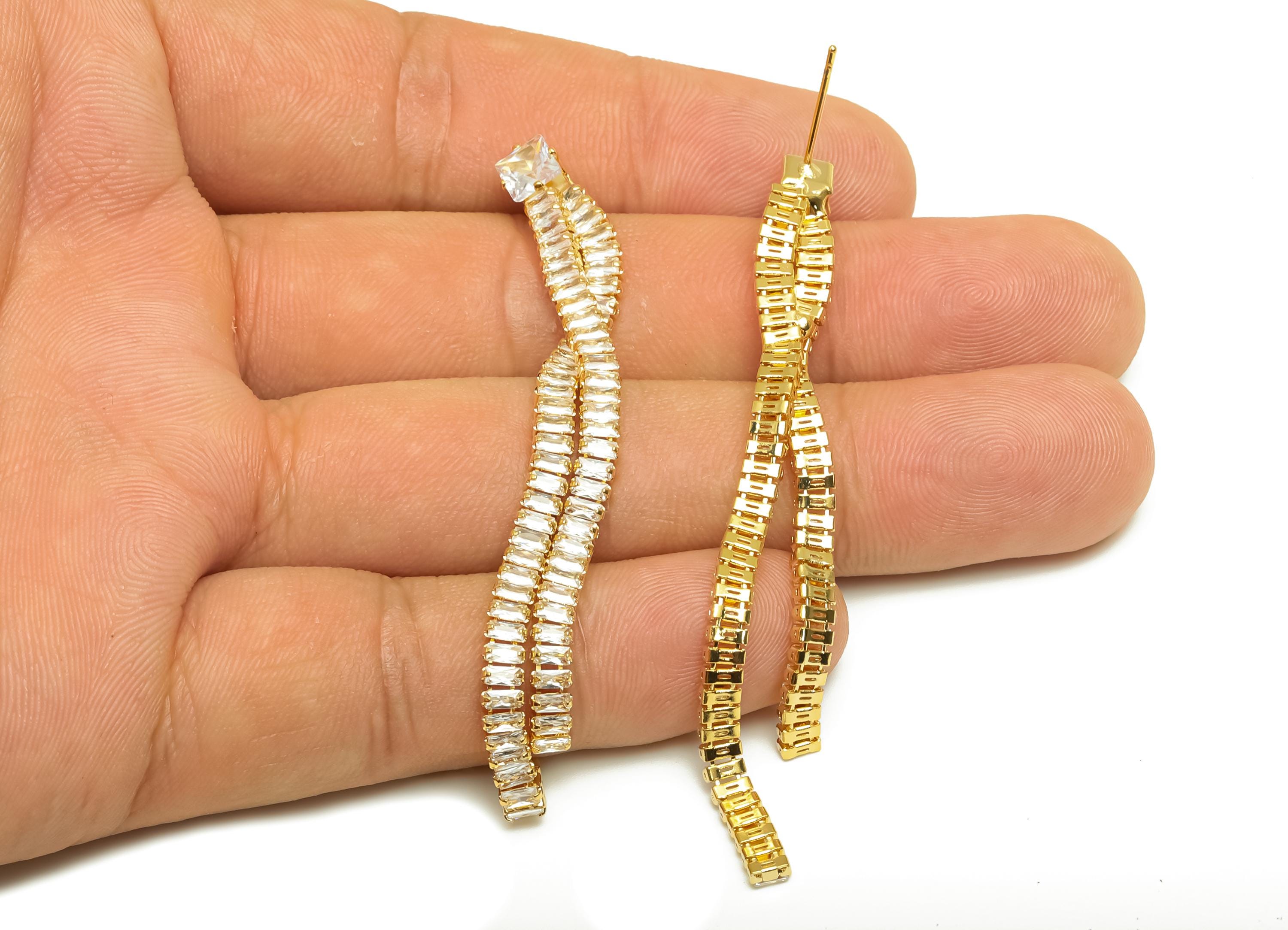 Brass CZ Earring Tassel Stud - Brass Square Earring Post - Rectangle Zircon Earring Post - 18K Real Gold Plating - 76x7x2.06mm- RGP7554 - DOMEDBAZAAR