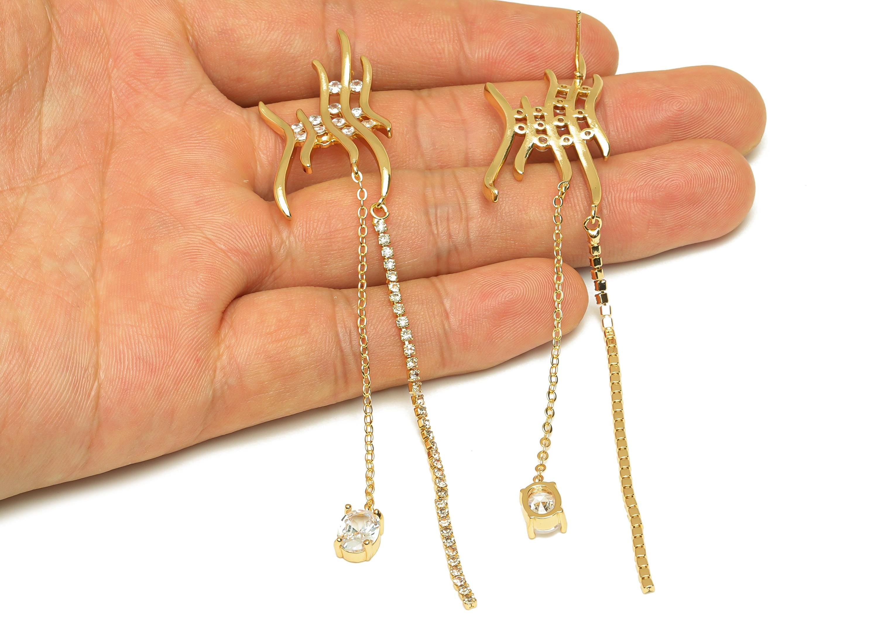Brass Tassel Chian Earring - Textured Zircon Chian Earring Post - Gold CZ Tassel Chian Ear - 18K Real Gold Plated -108x19.78x3.1mm - RGP7611 - DOMEDBAZAAR