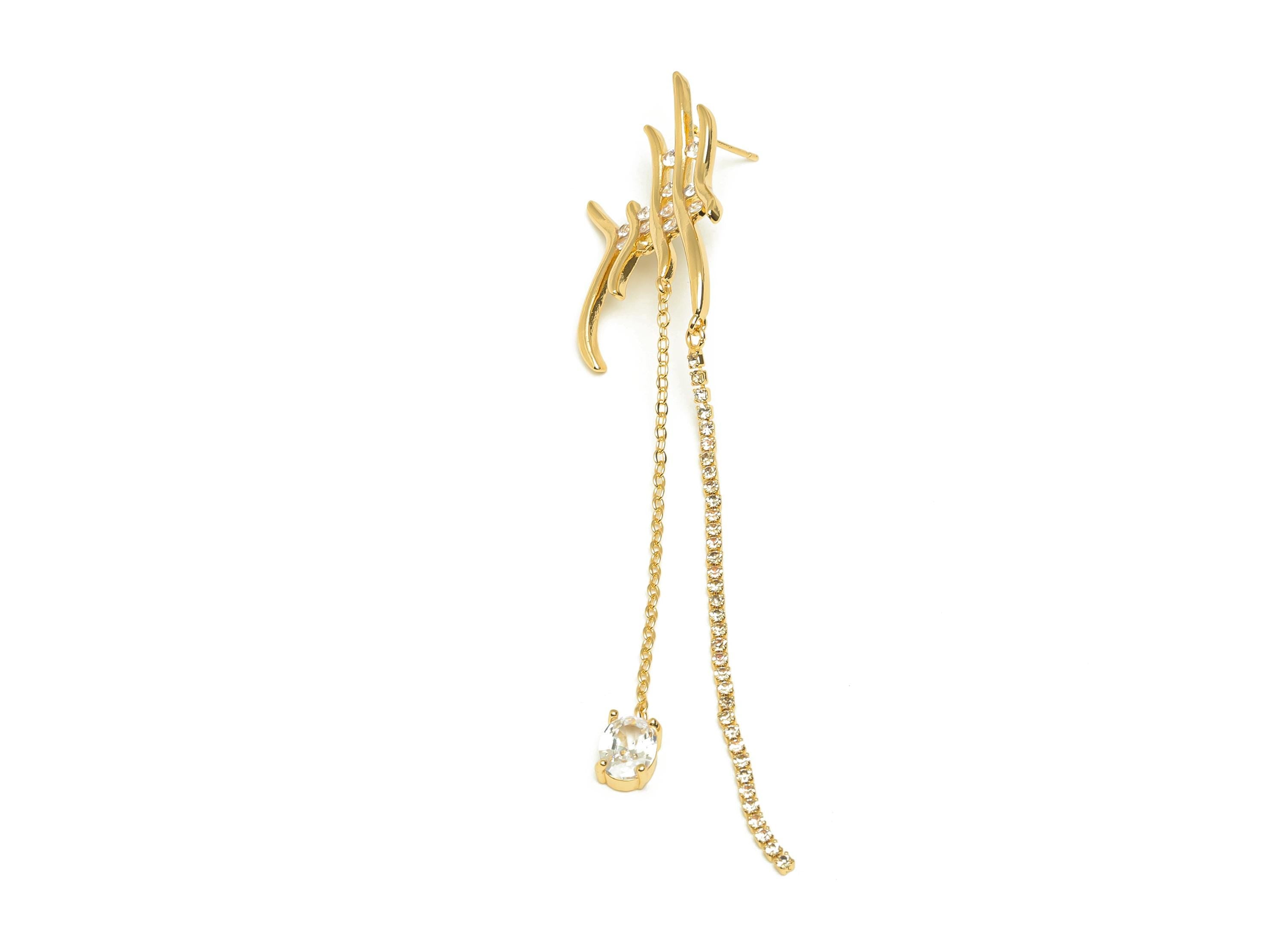 Brass Tassel Chian Earring - Textured Zircon Chian Earring Post - Gold CZ Tassel Chian Ear - 18K Real Gold Plated -108x19.78x3.1mm - RGP7611 - DOMEDBAZAAR