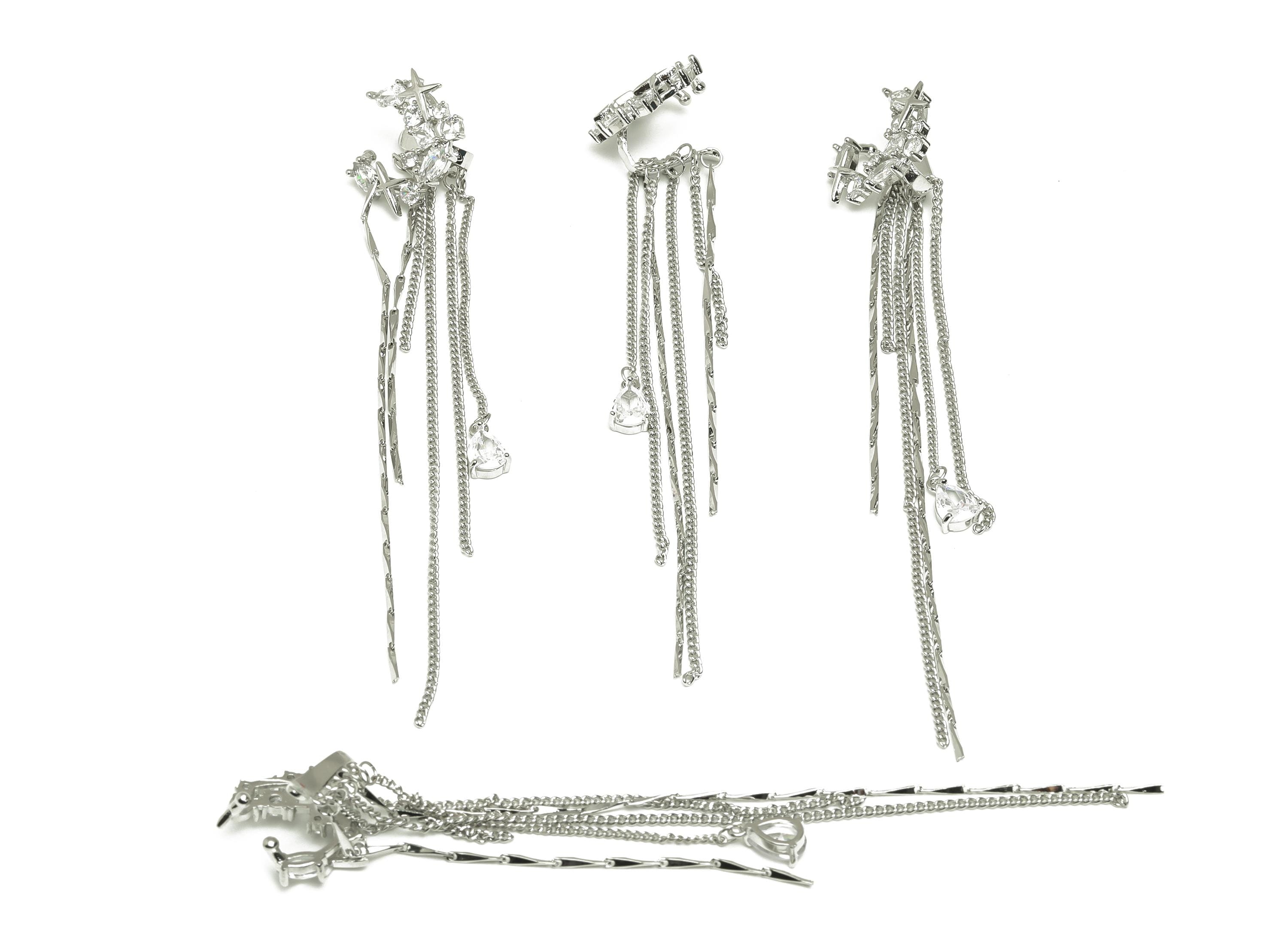 Brass Moon Star Ear Cuff - CZ White Tassel Earring - Zircon Cartilage Cuff Chain Ear - 18K Real White Gold Plated - 106x18.6x9.78mm- RGP7613 - DOMEDBAZAAR