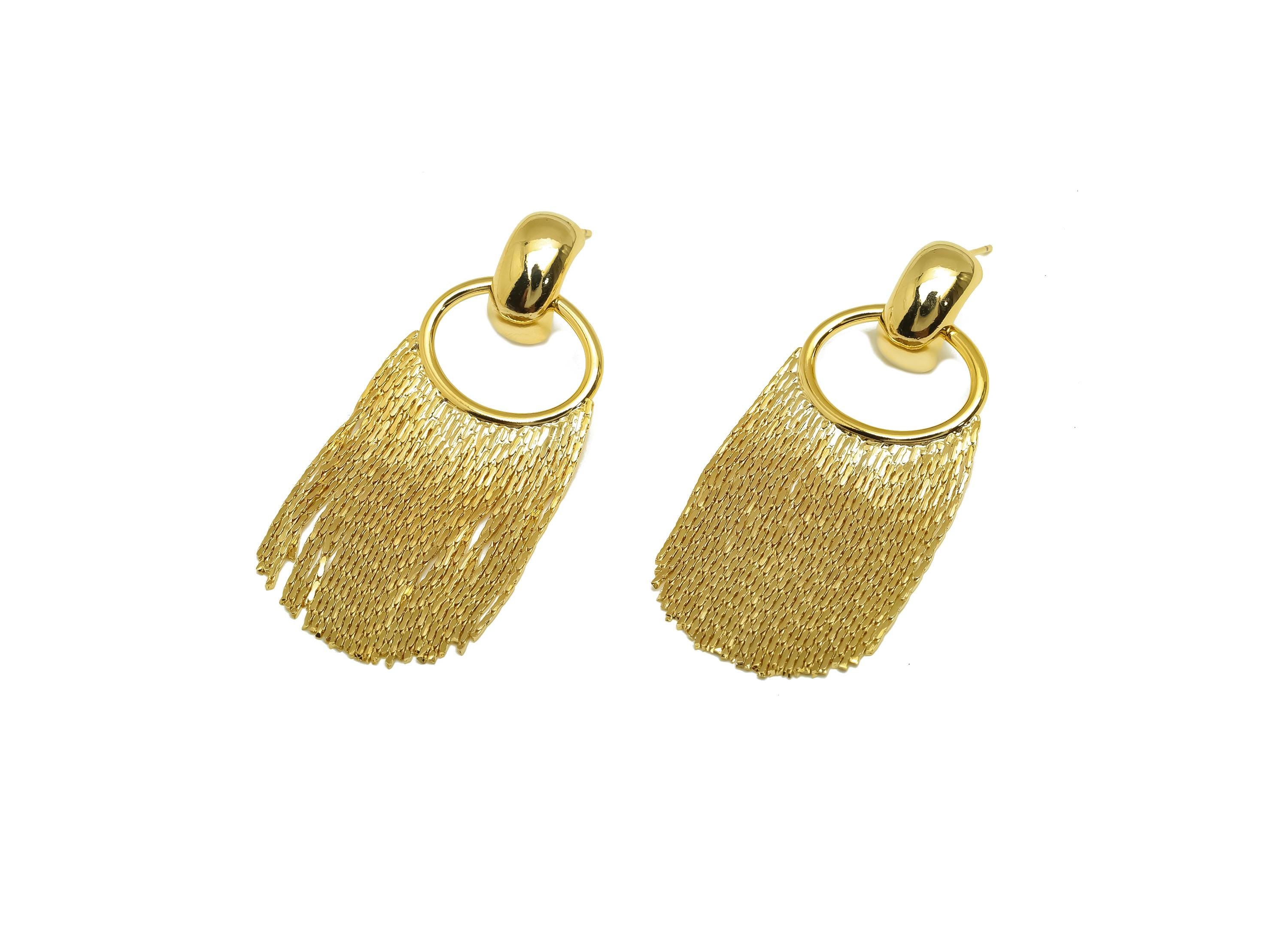 Brass Earring Tassel Stud - Brass Oval Tassel Earring - Snake Chain Earring Post - 18K Real Gold Plating - 51.58x22.42x1mm- RGP7551 - DOMEDBAZAAR