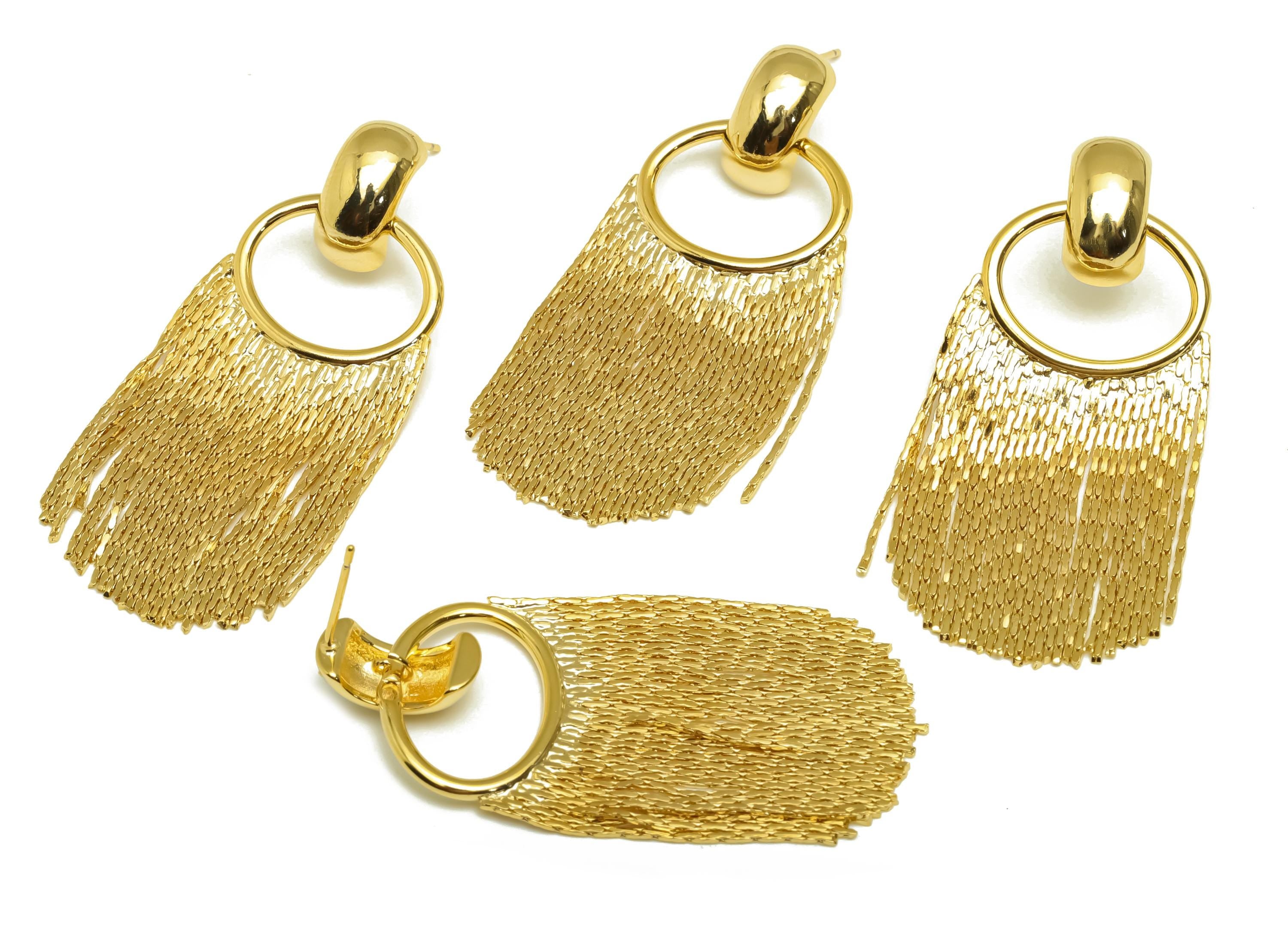 Brass Earring Tassel Stud - Brass Oval Tassel Earring - Snake Chain Earring Post - 18K Real Gold Plating - 51.58x22.42x1mm- RGP7551 - DOMEDBAZAAR