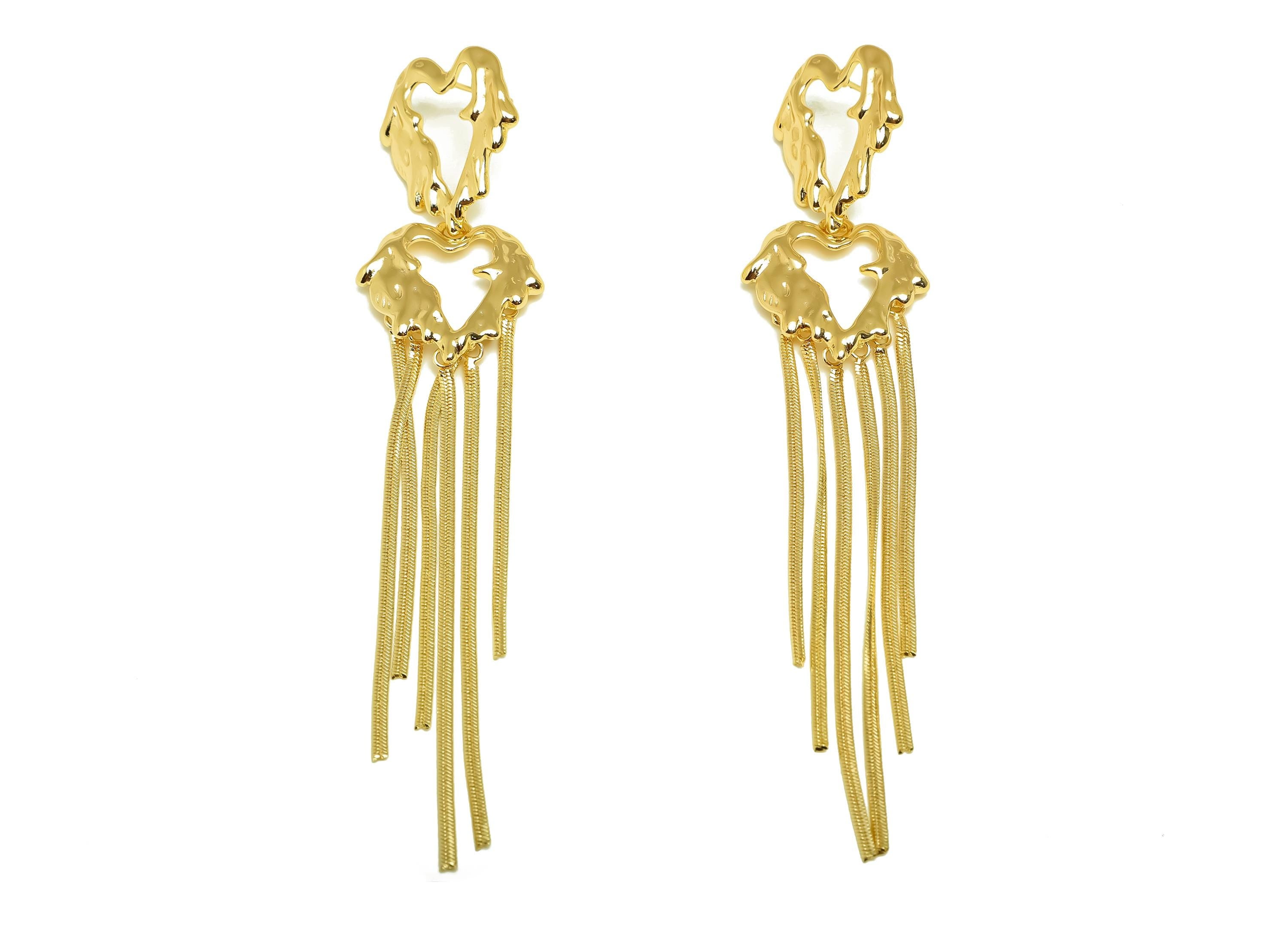 Brass Earring Tassel Stud - Brass Melt Heart Tassel Earring - Dangle Snake Chain Earring Post - 18K Real Gold Plating - 115x24x2mm - RGP7553 - DOMEDBAZAAR