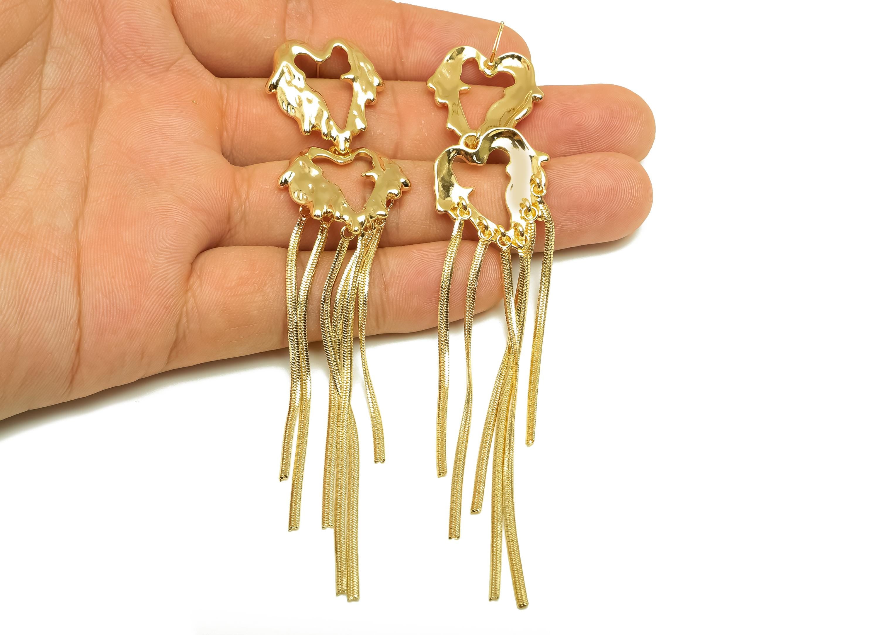 Brass Earring Tassel Stud - Brass Melt Heart Tassel Earring - Dangle Snake Chain Earring Post - 18K Real Gold Plating - 115x24x2mm - RGP7553 - DOMEDBAZAAR