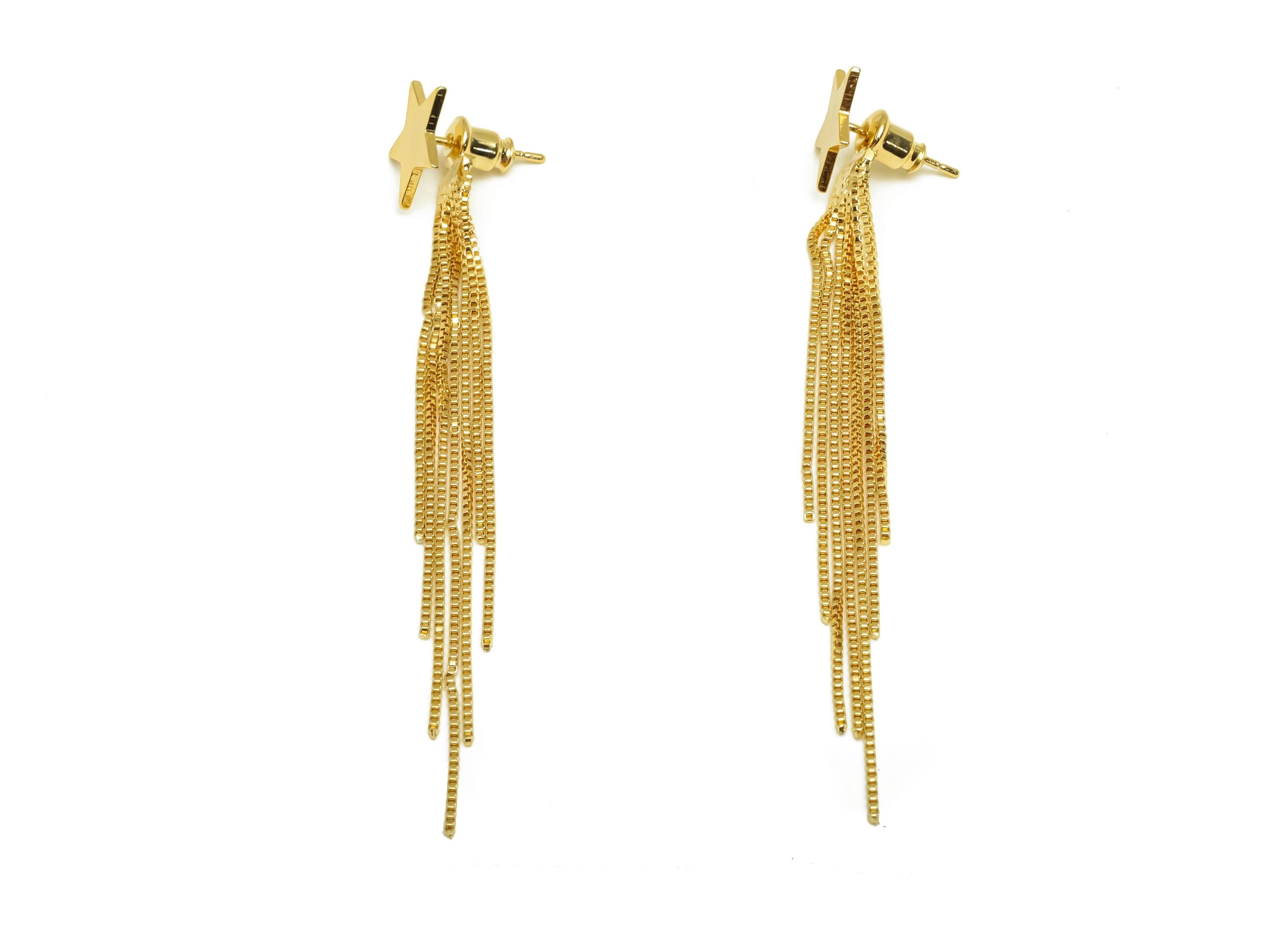 Brass Earring Tassel Stud - Brass Star Tassel Earring - Brass Dangle Box Chain Earring Post - 18K Real Gold Plating - 79x11 x0.9mm - RGP7563 - DOMEDBAZAAR