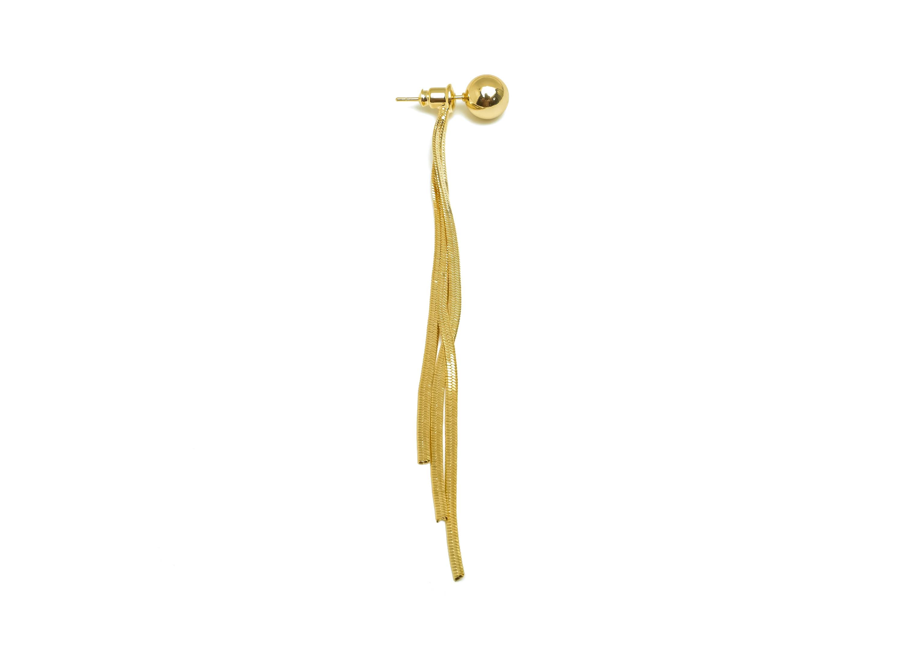 Brass Earring Tassel Stud - Brass Ball Tassel Earring - Brass Dangle Snake Chain Earring Post - 18K Real Gold Plating - 94x7x11mm - RGP7568 - DOMEDBAZAAR