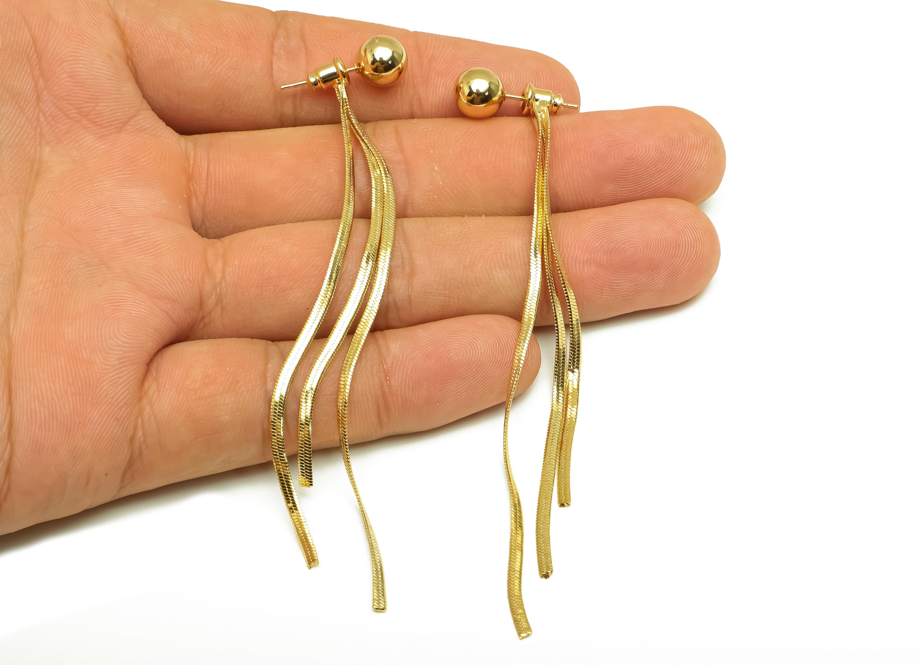 Brass Earring Tassel Stud - Brass Ball Tassel Earring - Brass Dangle Snake Chain Earring Post - 18K Real Gold Plating - 94x7x11mm - RGP7568 - DOMEDBAZAAR