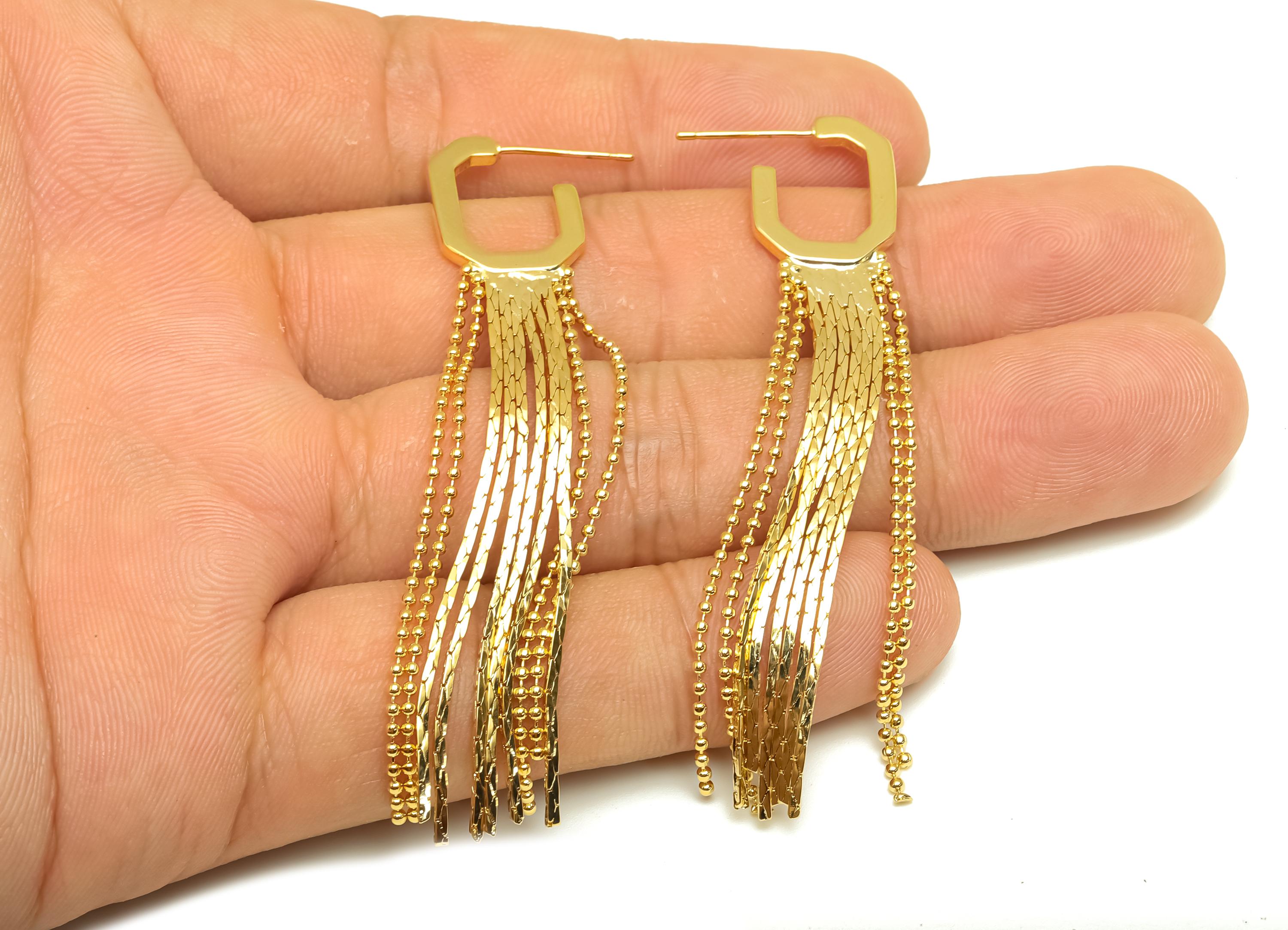 Brass Earring Tassel Stud - Brass Hoop Rectangle Bead Tassel Earring - Snake Chain Earring Post - 18K Real Gold Plating - 67x12x1mm -RGP7559 - DOMEDBAZAAR
