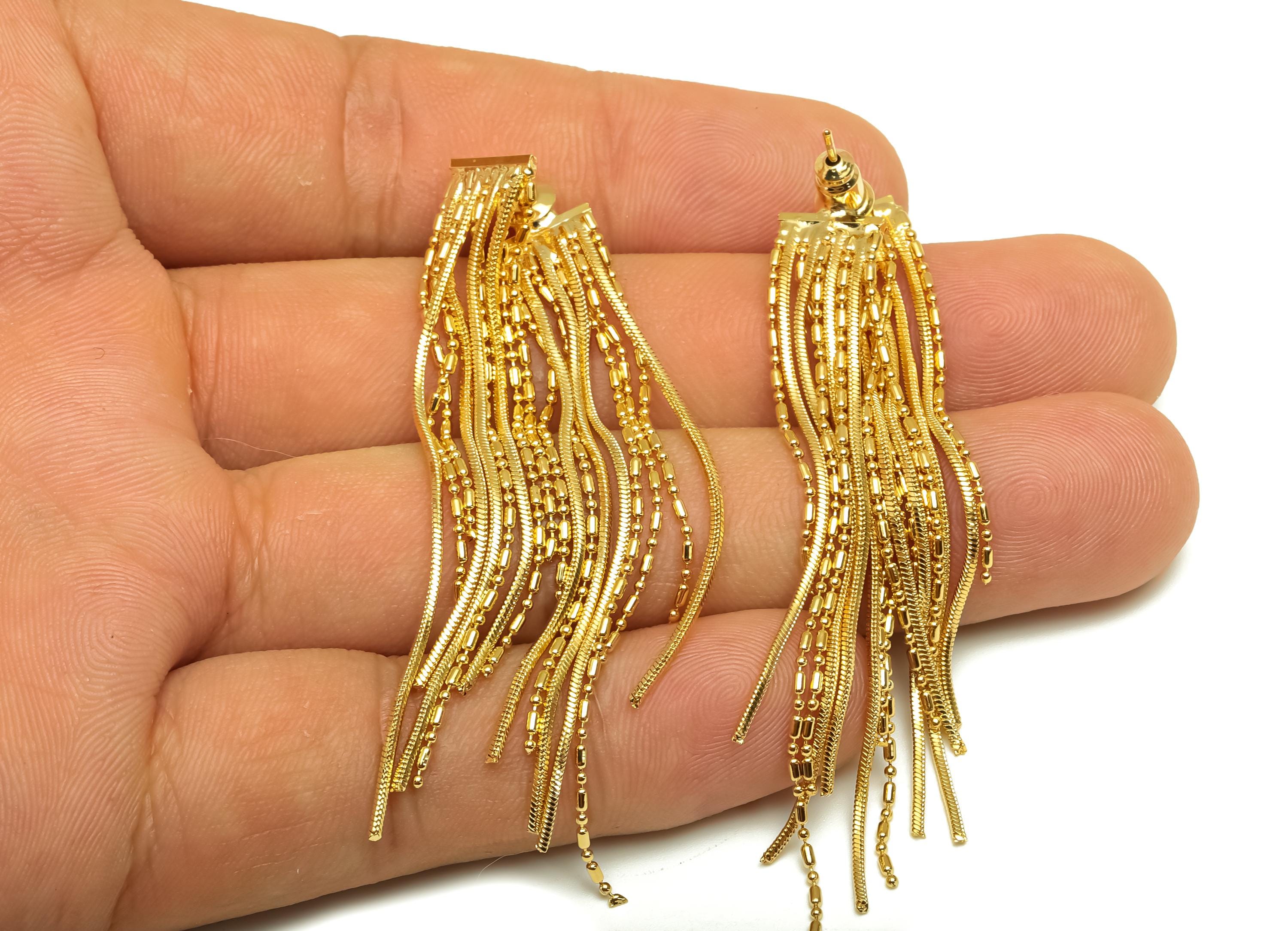 Brass Earring Tassel Stud - Brass Ball Chian Tassel Earring - Brass Snake Chain Earring Post - 18K Real Gold Plating - 70x9x1mm - RGP7574 - DOMEDBAZAAR
