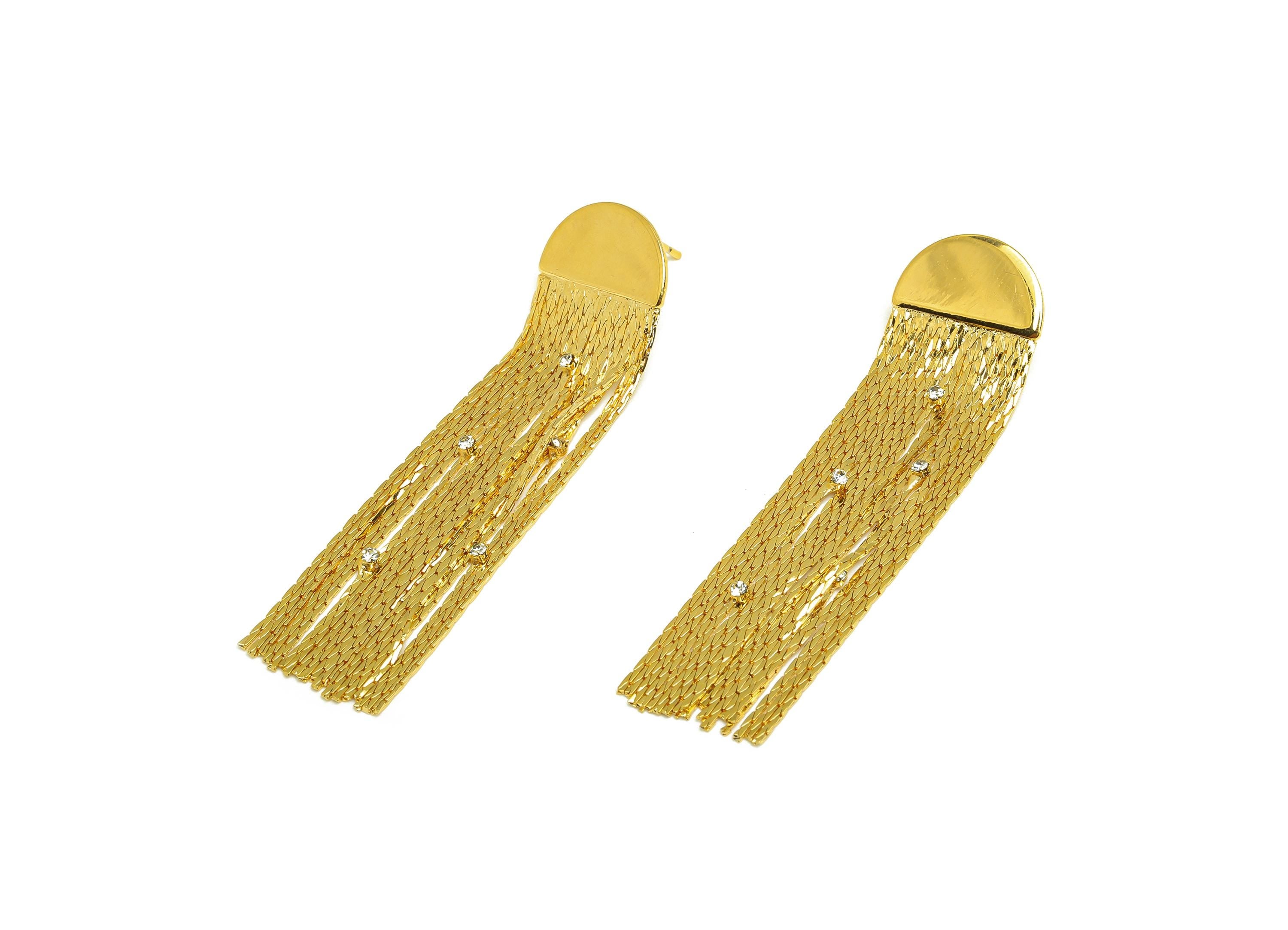Brass Moon Tassel Earring Stud - CZ Tassel Wire Earring Post - Cubic Zircon Tassel Earring Post - 18K Real Gold Plated - 63x16x1mm - RGP7328 - DOMEDBAZAAR