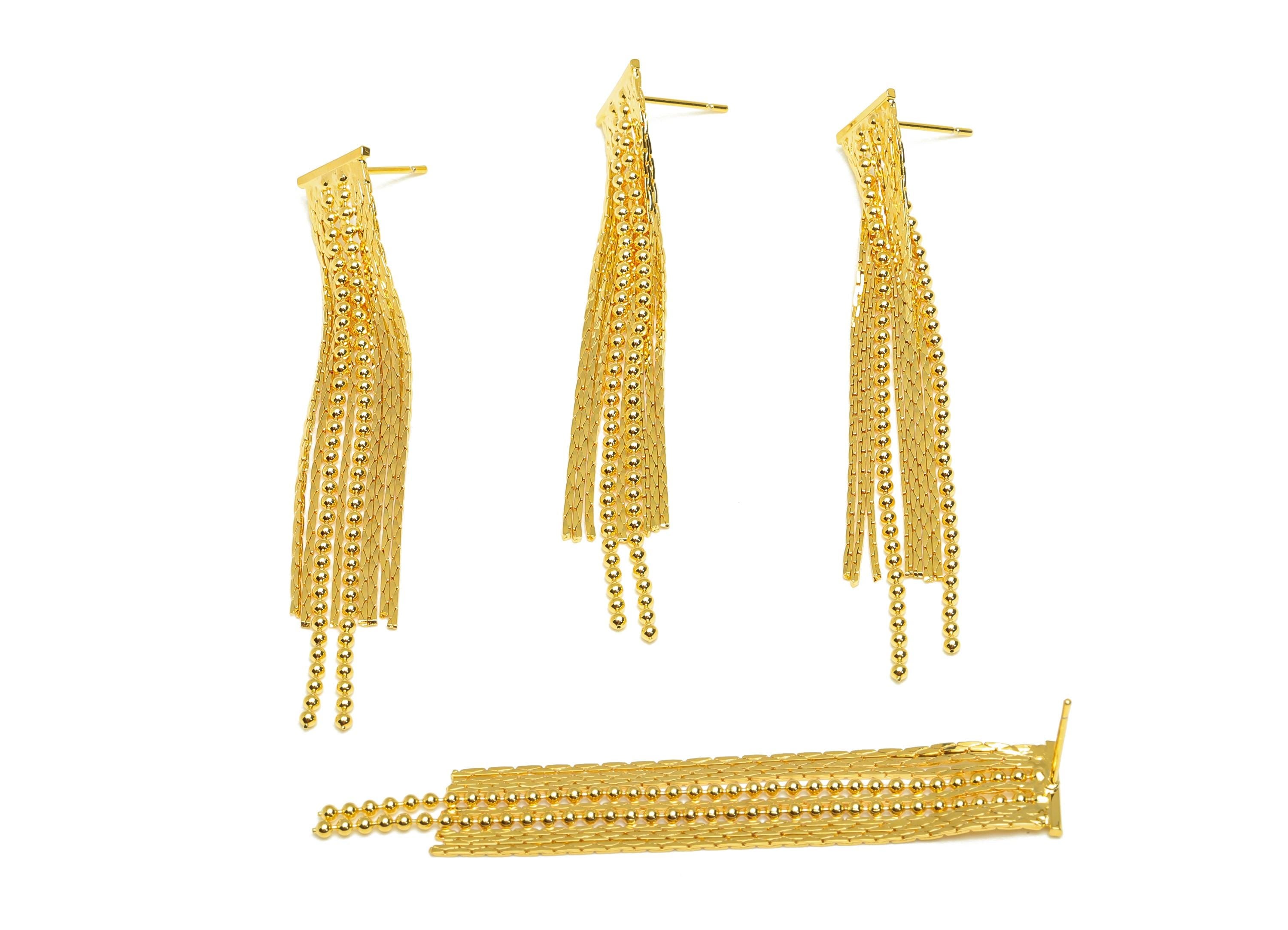 Brass Bead Tassel Earring Stud - Tassel Wire Earring Post - Beaded Chian Tassel Earring Post - 18K Real Gold Plated - 66x10x0.97mm - RGP7341 - DOMEDBAZAAR