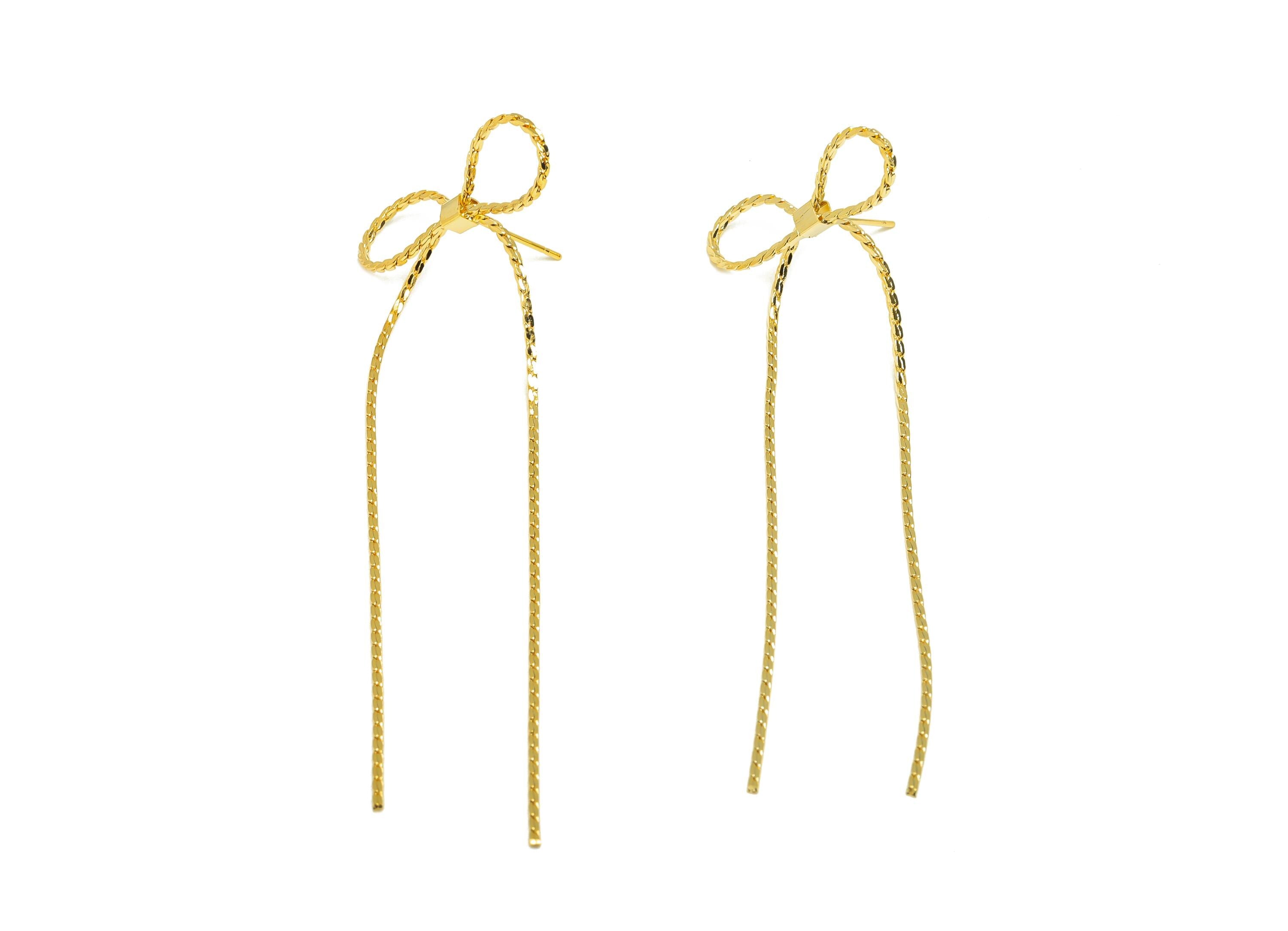 Brass Tassel Earring Stud - Butterfly Bow Tassel Wire Earring Post - Chian Tassel Earring Post - 18K Real Gold Plated - 81x28x1mm - RGP7334 - DOMEDBAZAAR