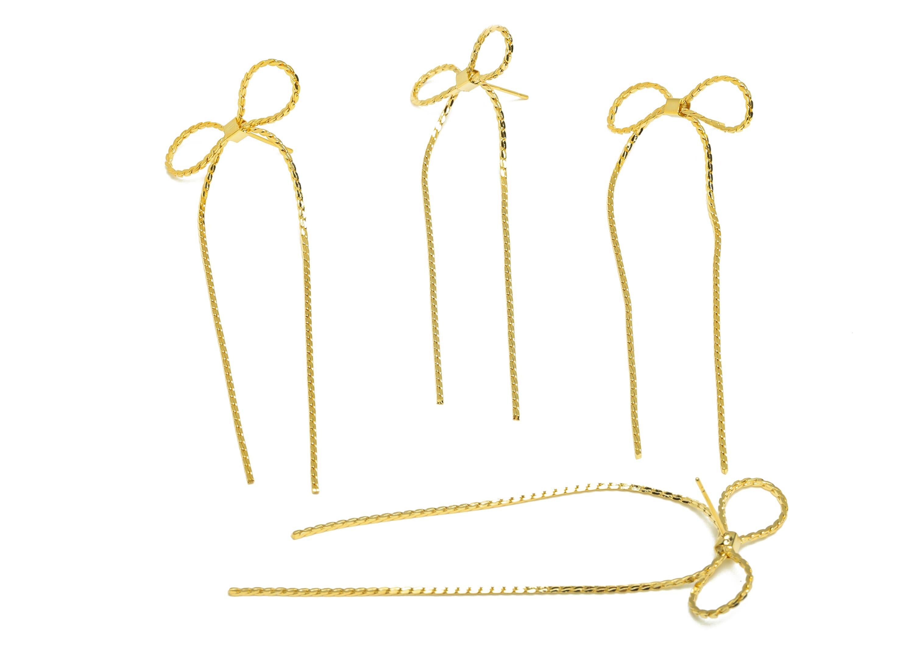 Brass Tassel Earring Stud - Butterfly Bow Tassel Wire Earring Post - Chian Tassel Earring Post - 18K Real Gold Plated - 81x28x1mm - RGP7334 - DOMEDBAZAAR