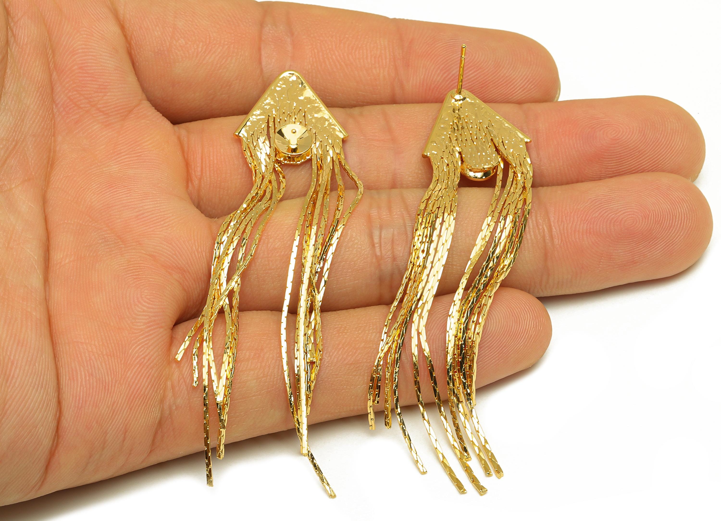 Brass Tassel Earring Stud - Geometry Tassel Earring Post - Chian Tassel Earring Post For Pearl - 18K Real Gold Plated - 72x17x1mm- RGP7342 - DOMEDBAZAAR