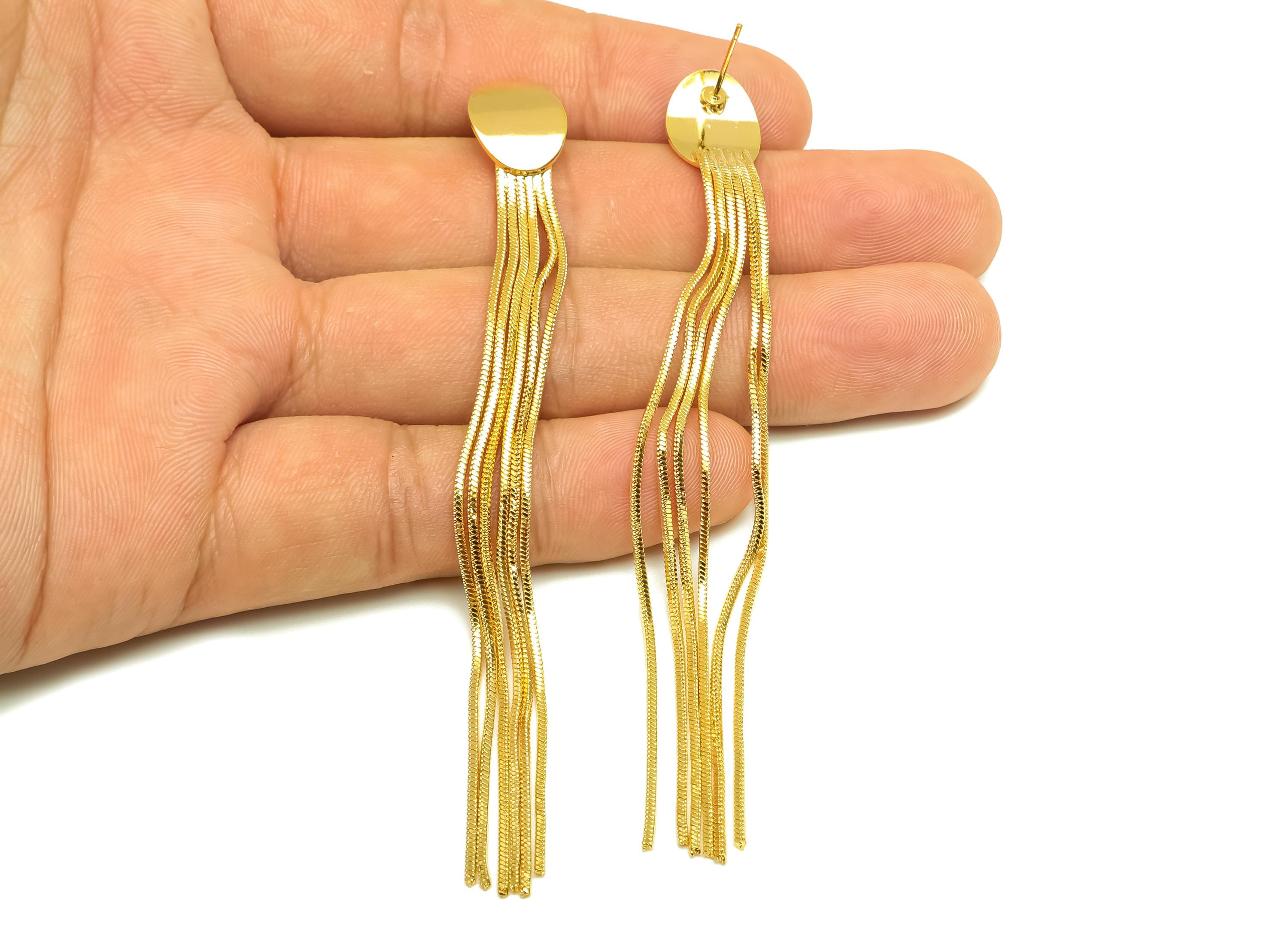 Brass Earring Tassel Stud - Brass Bent Oval Tassel Earring - Snake Chain Earring Post - 18K Real Gold Plating - 100.83x11x0.98mm - RGP7546 - DOMEDBAZAAR