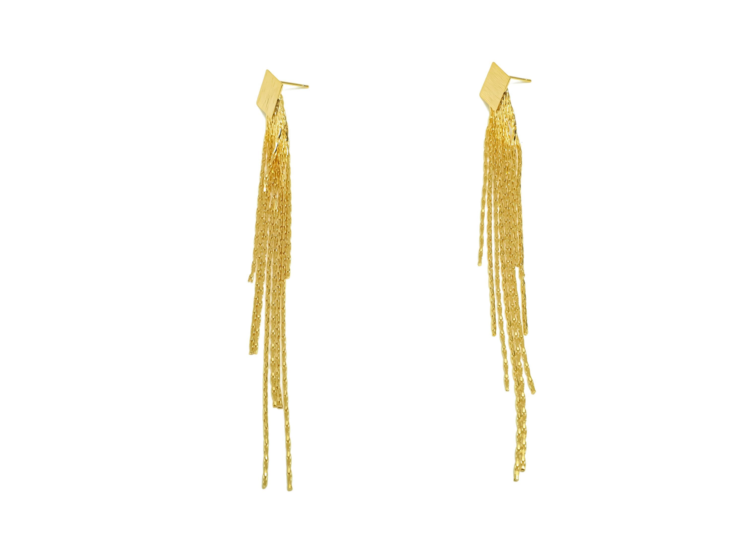 Brass Earring Tassel Stud - Brass Textured Square Tassel Earring - Tassel Chain Earring Post - 18K Real Gold Plating - 117x13x1mm - RGP7538 - DOMEDBAZAAR