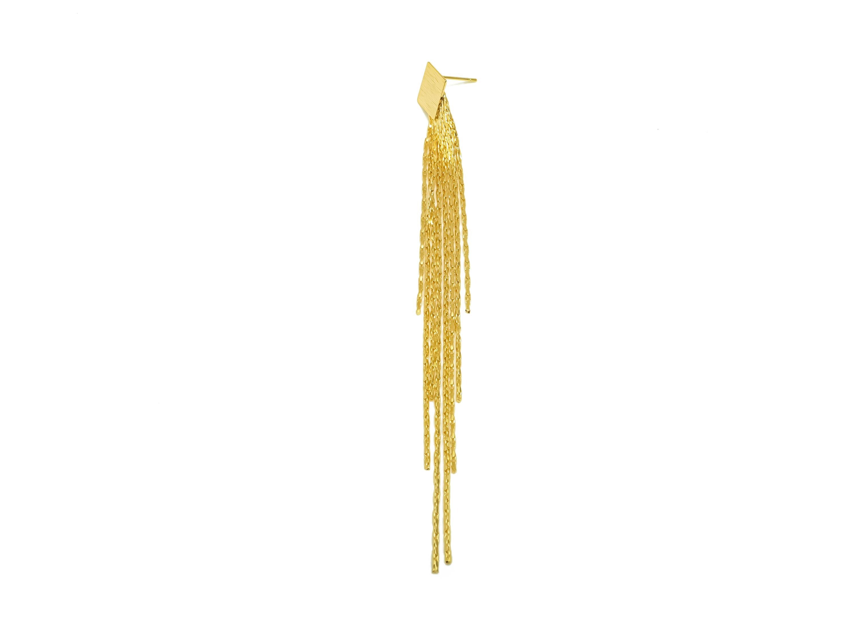 Brass Earring Tassel Stud - Brass Textured Square Tassel Earring - Tassel Chain Earring Post - 18K Real Gold Plating - 117x13x1mm - RGP7538 - DOMEDBAZAAR