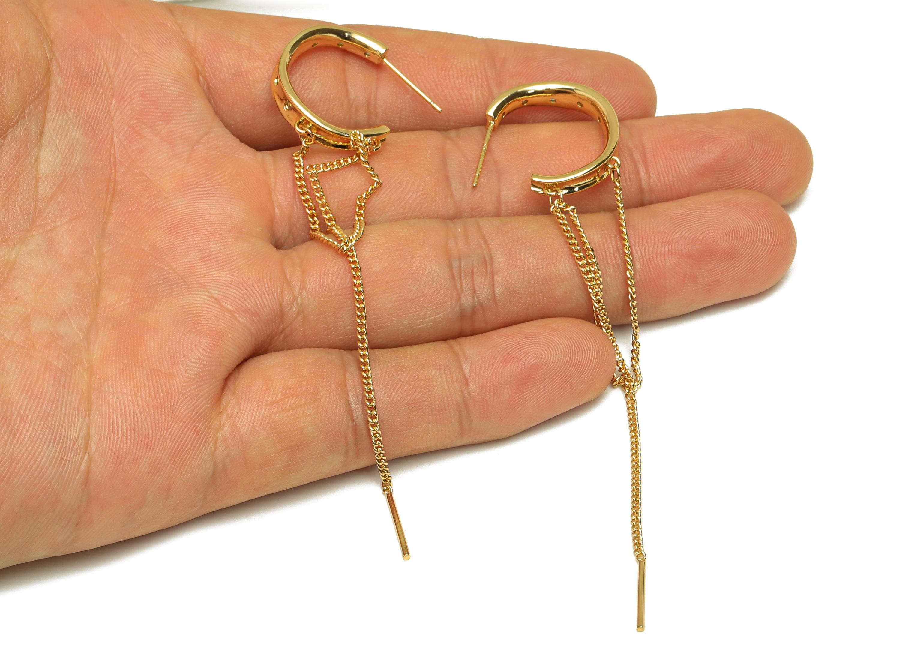 Brass C Tassel Chian Earring - Round Zircon Chian Earring Post - Gold CZ Tassel Chian Ear - 18K Real Gold Plated - 101x20.6x4.91mm - RGP7618 - DOMEDBAZAAR
